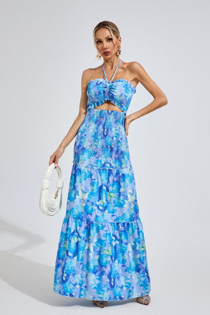Nelson Sapphire Blue RUFFLE Halternecck Dress