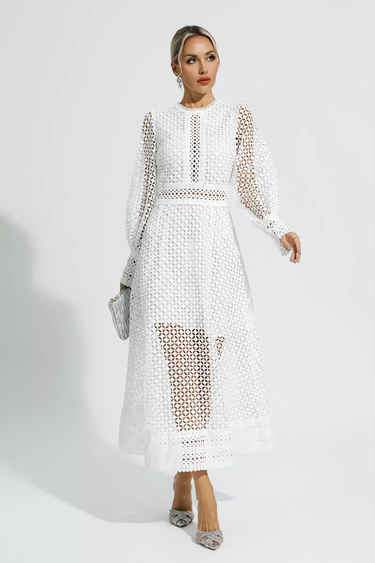 Conan White Hollow Long Sleeve Maxi Dress