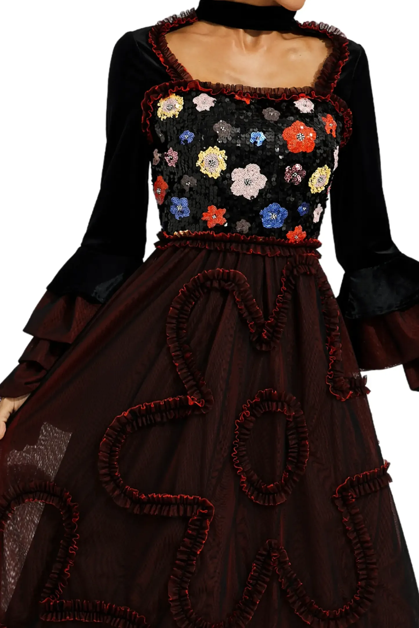 Belle Red Mesh Sequins Midi Dress