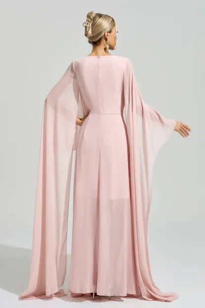 Sarraute Pink Cape Sleeve Formal Dress