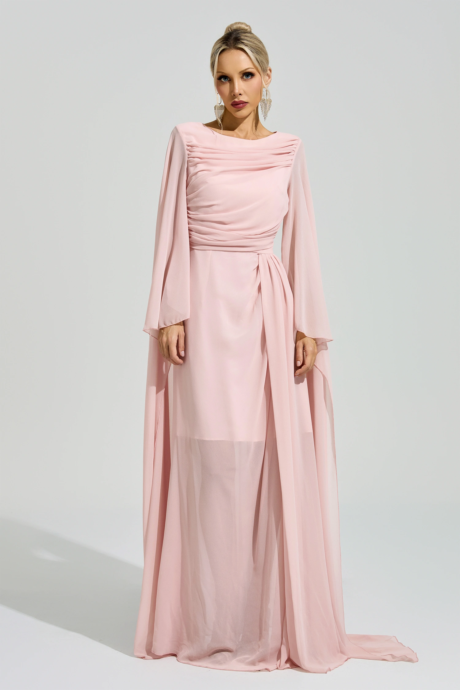 Sarraute Pink Cape Sleeve Formal Dress