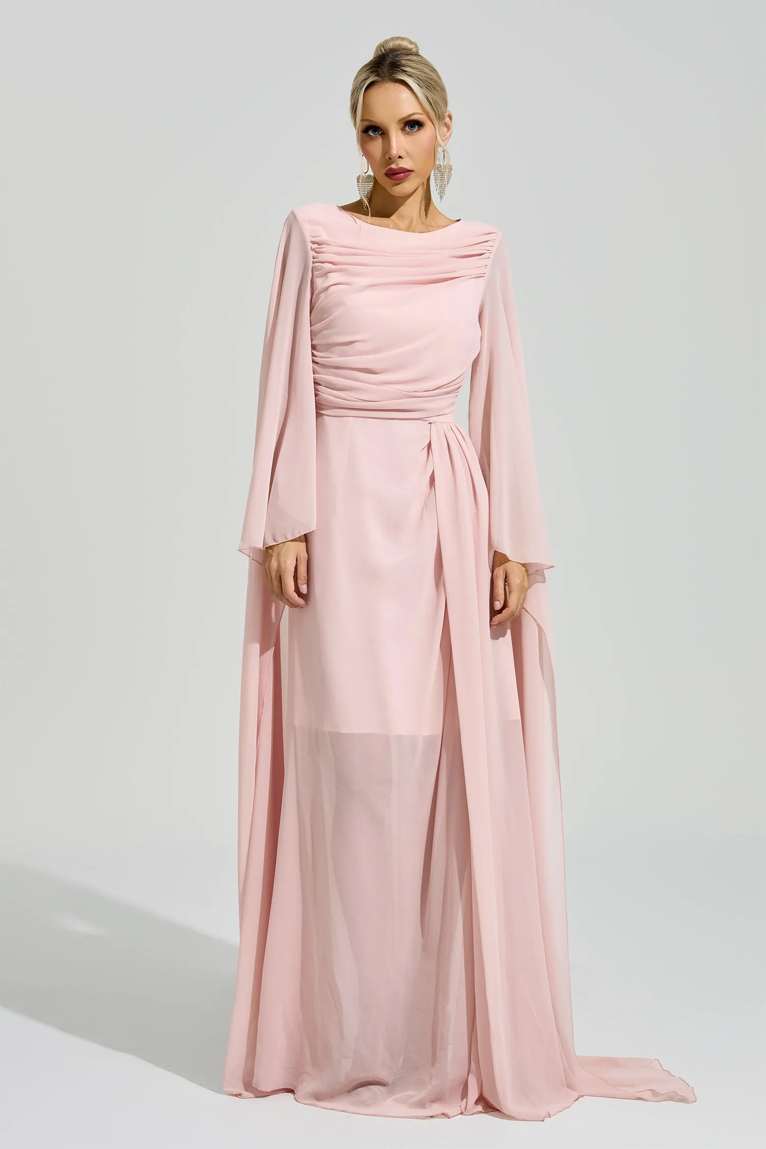 Sarraute Pink Cape Sleeve Formal Dress