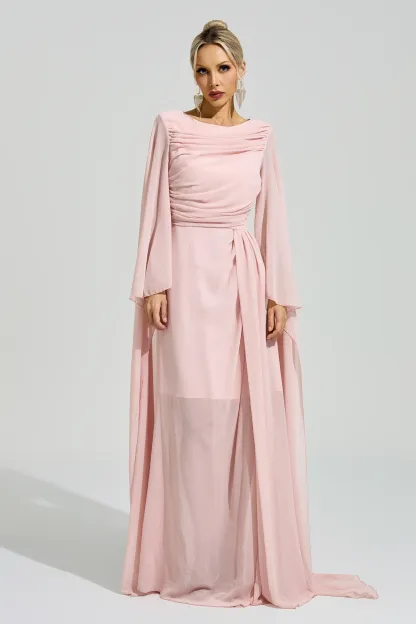 Sarraute Pink Cape Sleeve Formal Dress