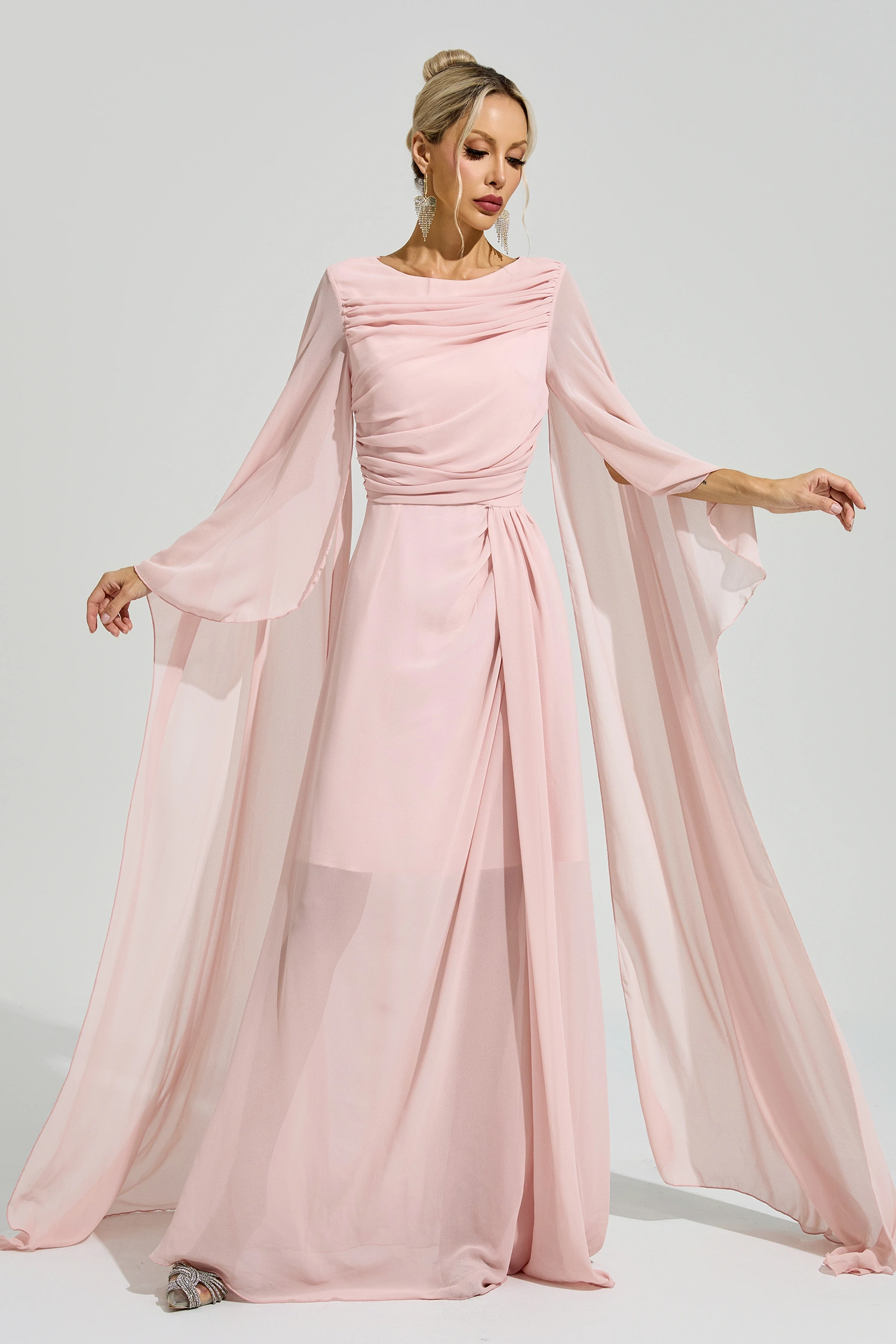 Sarraute Pink Cape Sleeve Formal Dress