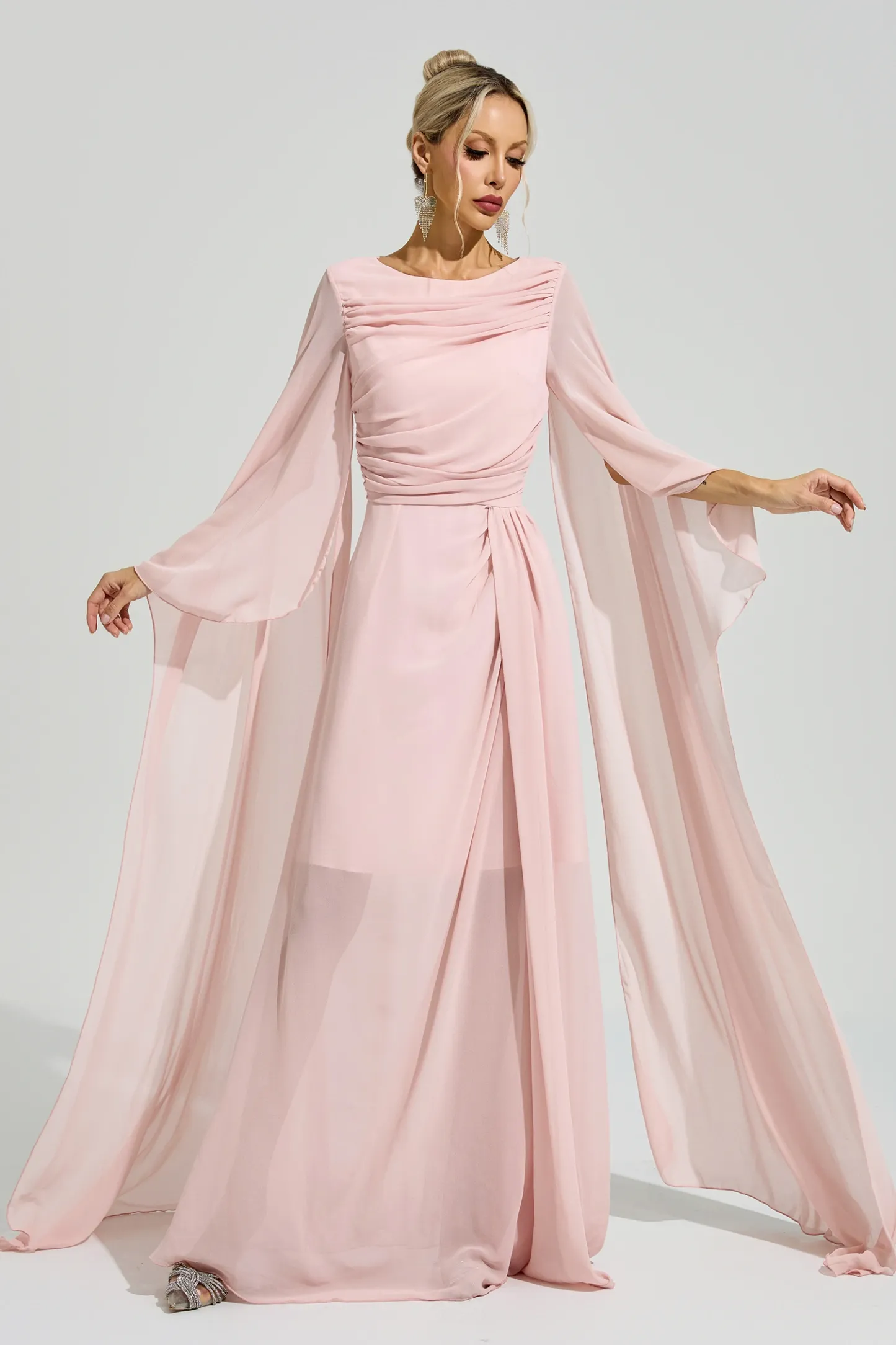 Sarraute Pink Cape Sleeve Formal Dress