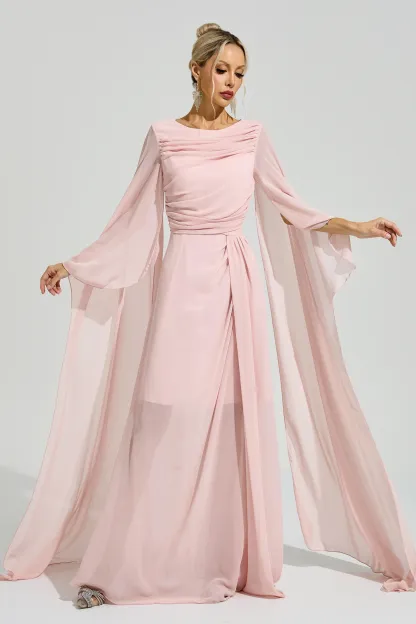Sarraute Pink Cape Sleeve Formal Dress