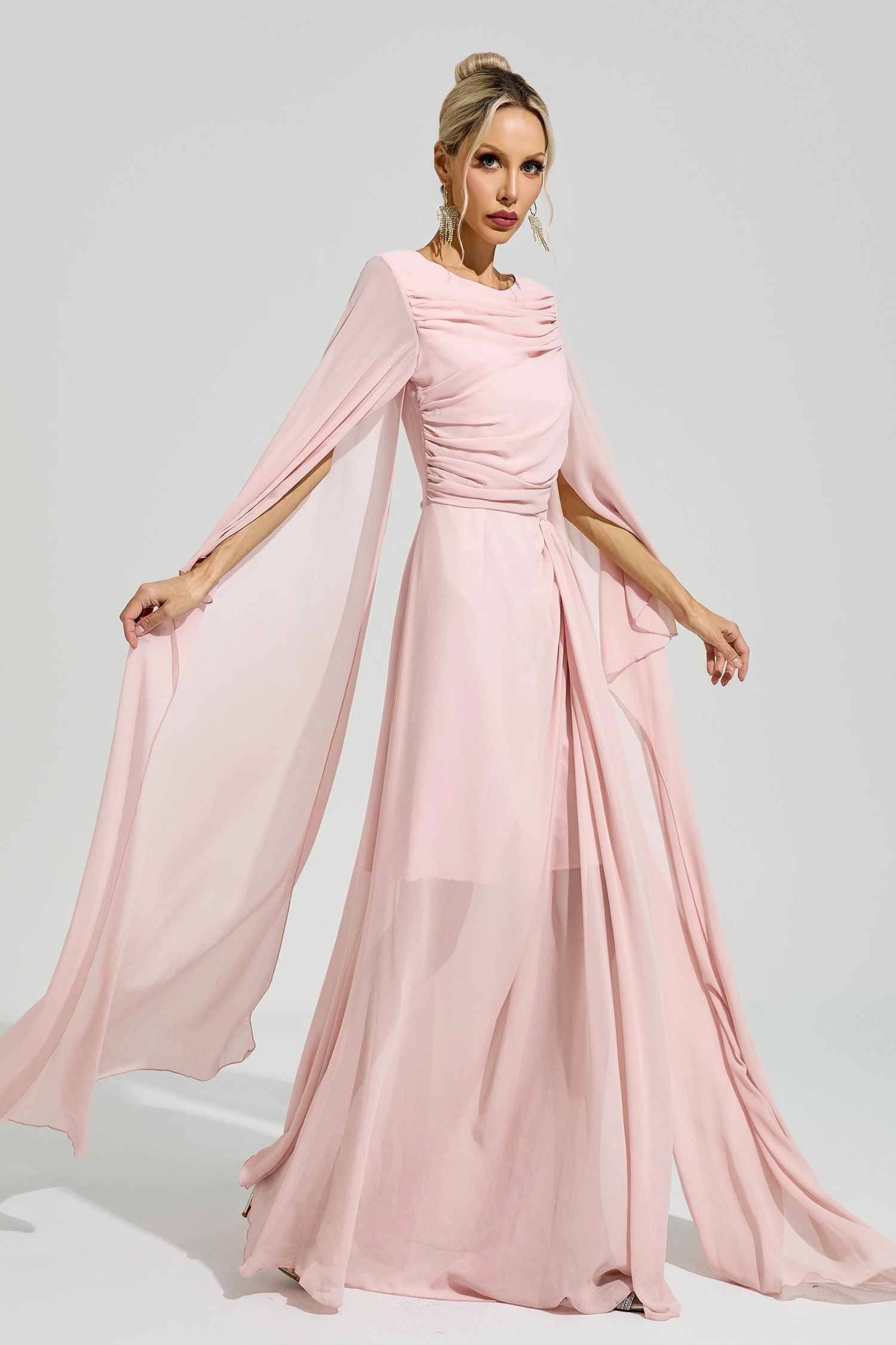 Sarraute Pink Cape Sleeve Formal Dress