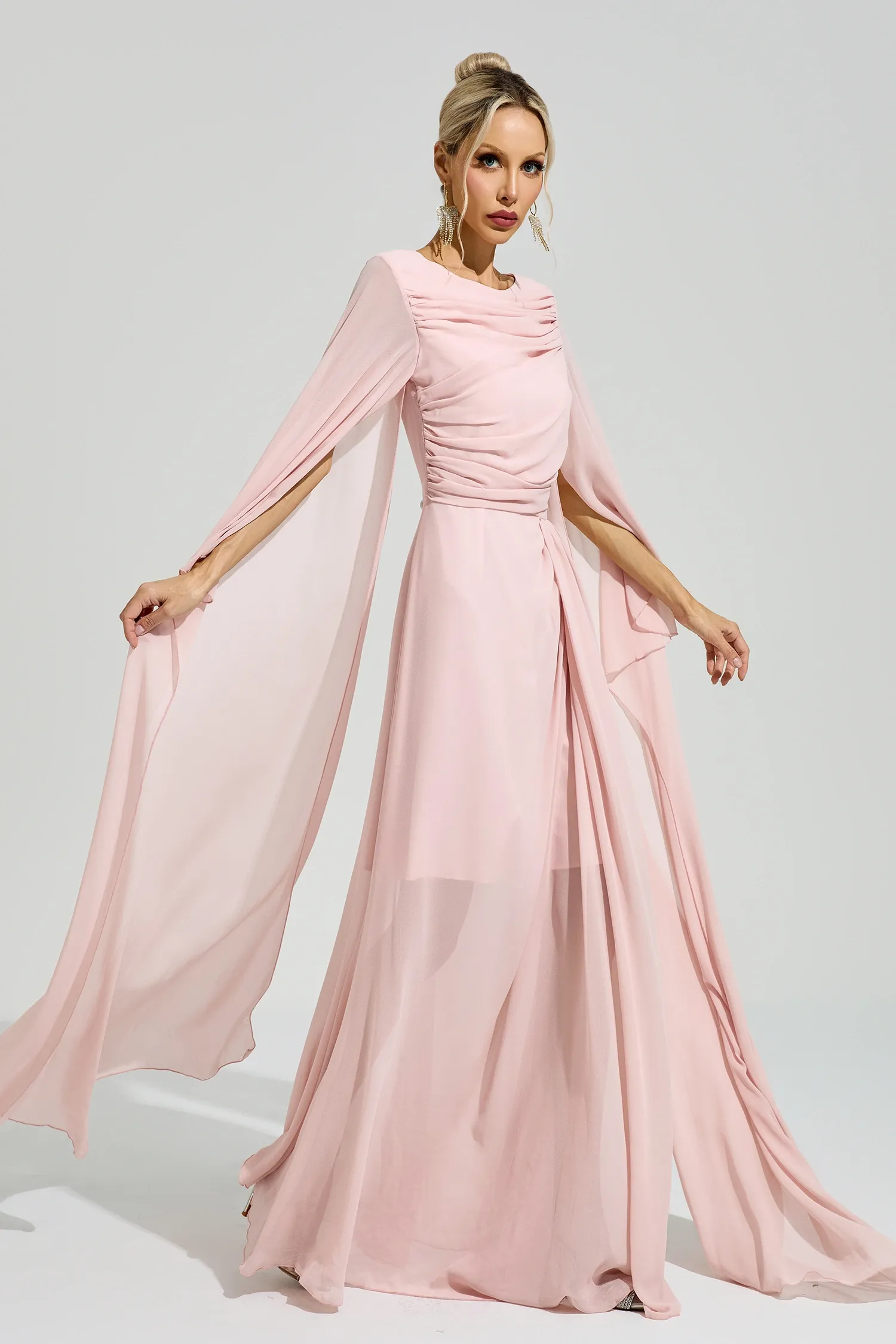 Sarraute Pink Cape Sleeve Formal Dress
