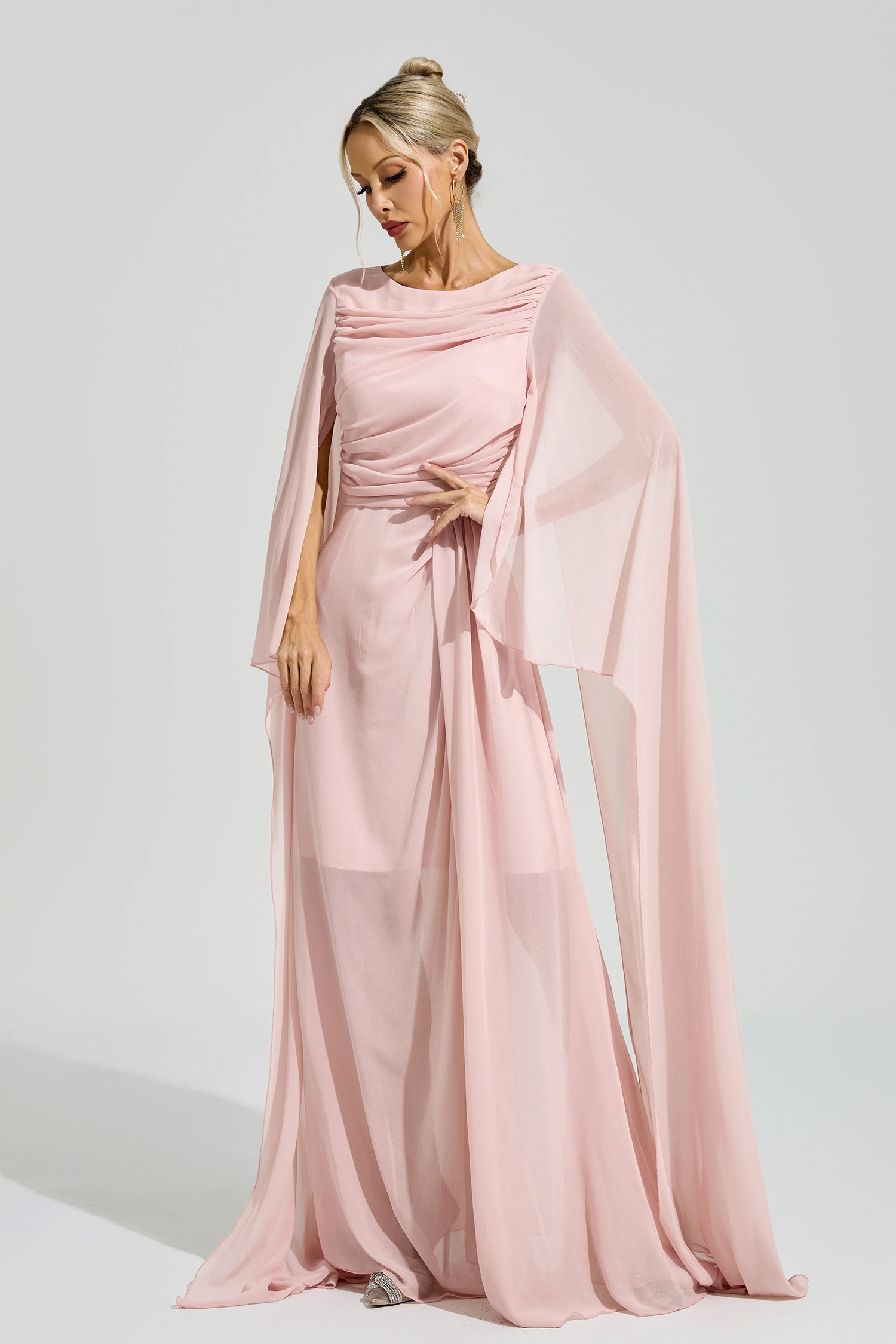 Sarraute Pink Cape Sleeve Formal Dress