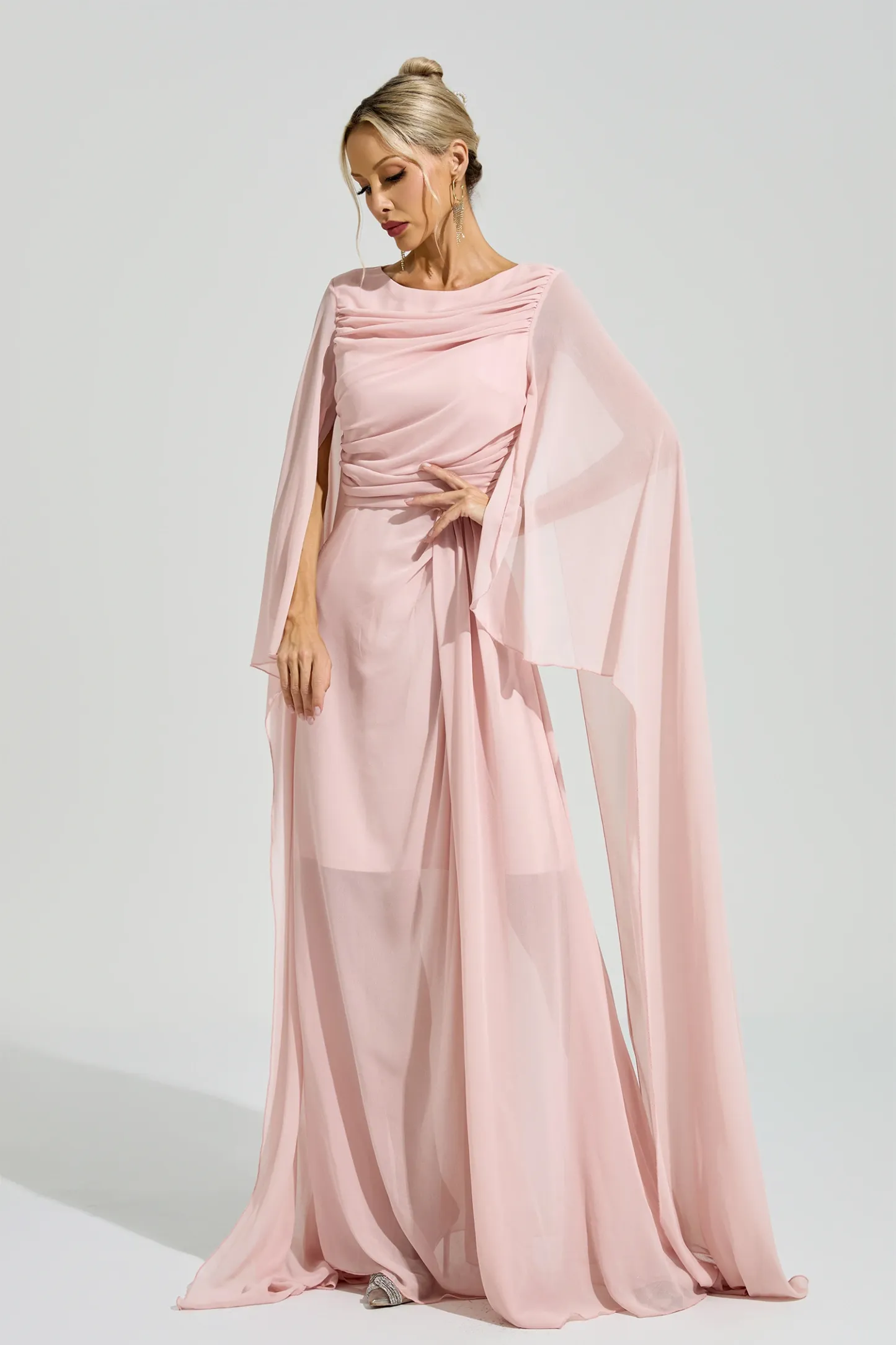 Sarraute Pink Cape Sleeve Formal Dress