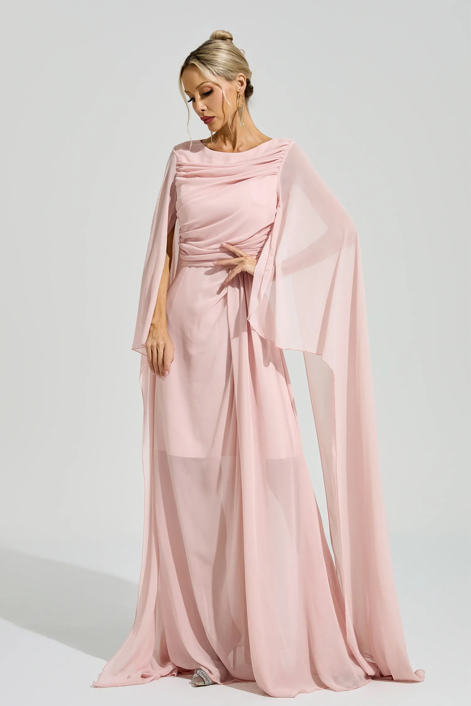 Sarraute Pink Cape Sleeve Formal Dress
