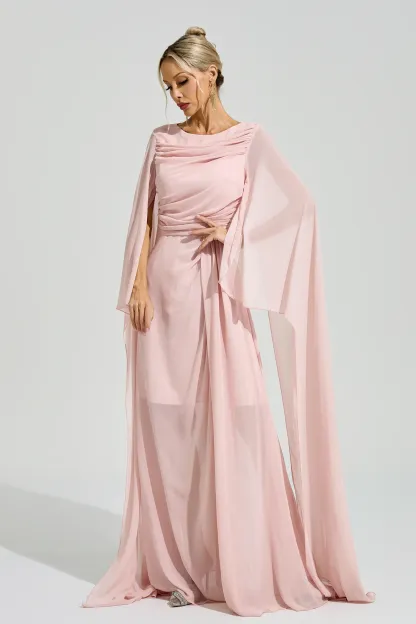 Sarraute Pink Cape Sleeve Formal Dress