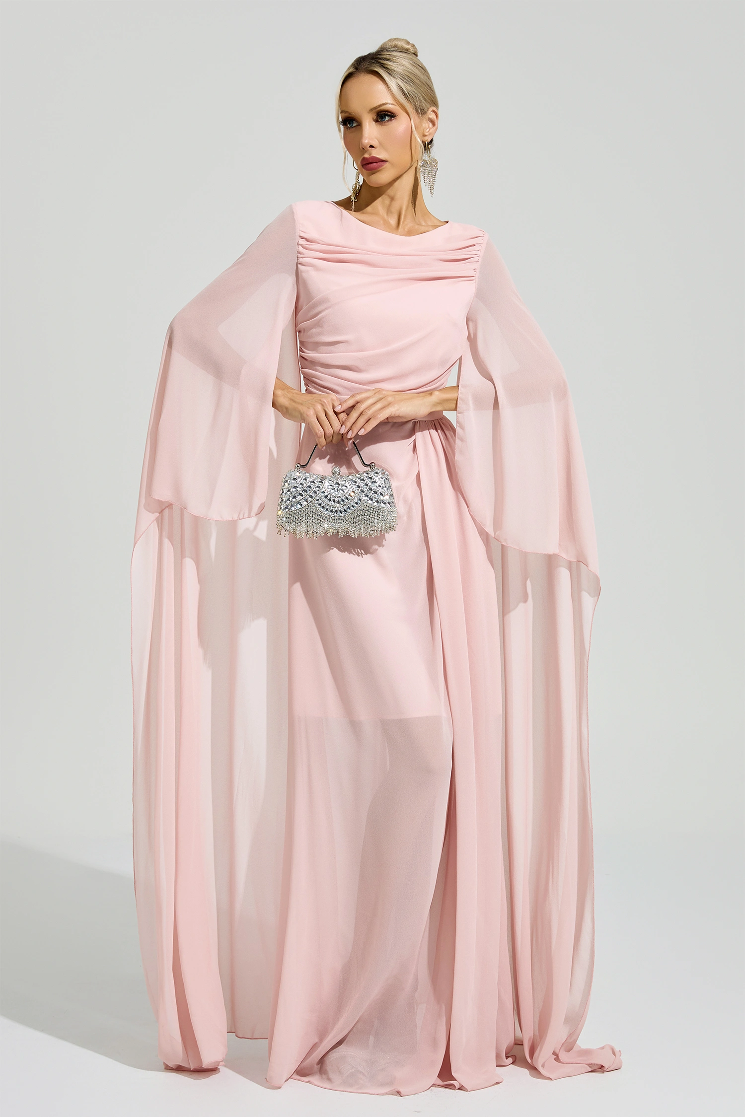 Sarraute Pink Cape Sleeve Formal Dress