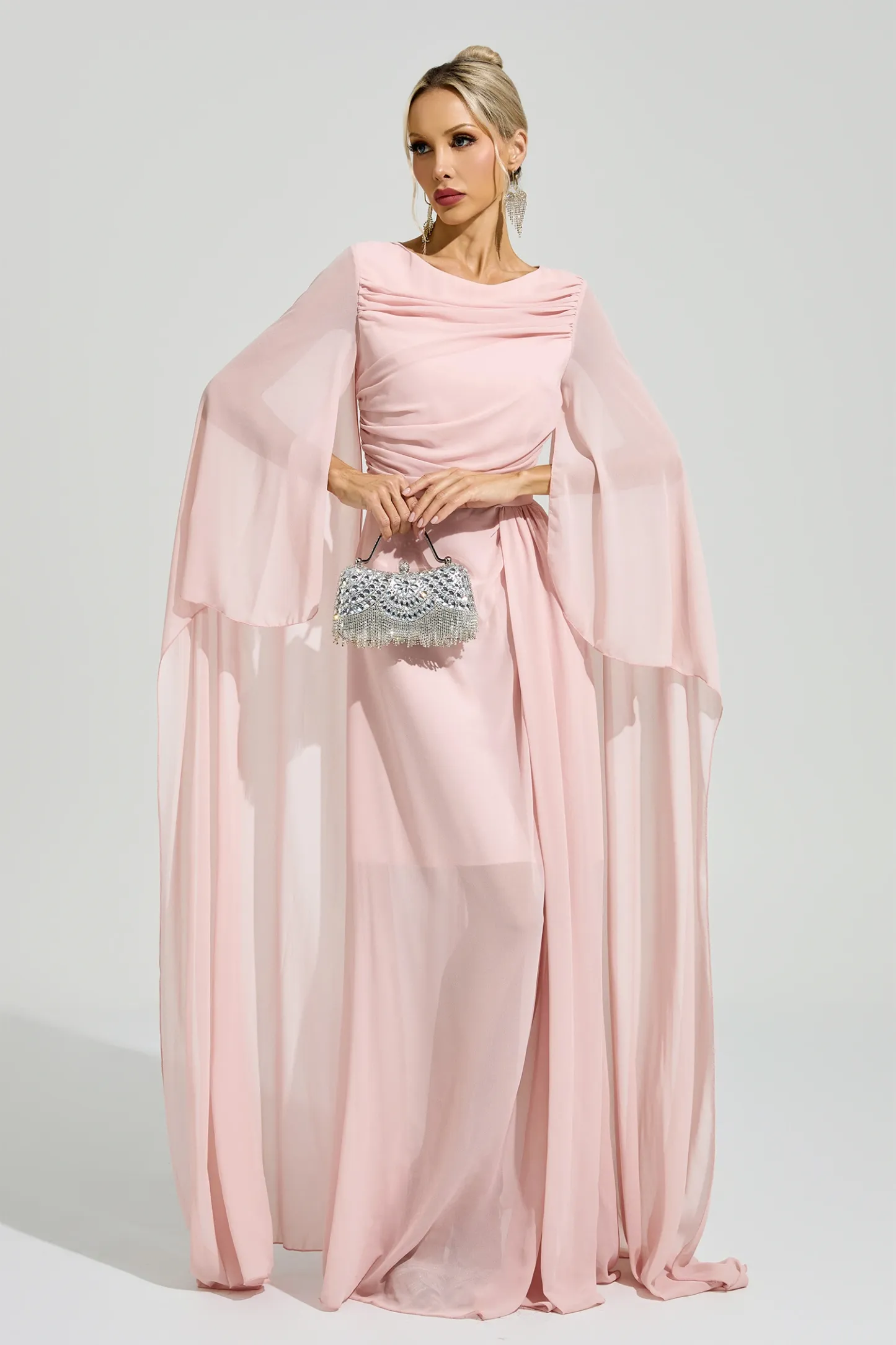 Sarraute Pink Cape Sleeve Formal Dress