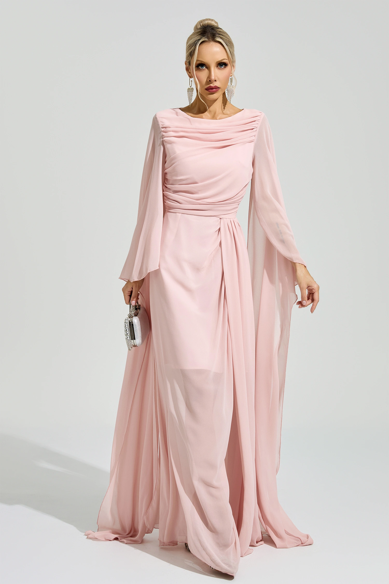 Sarraute Pink Cape Sleeve Formal Dress