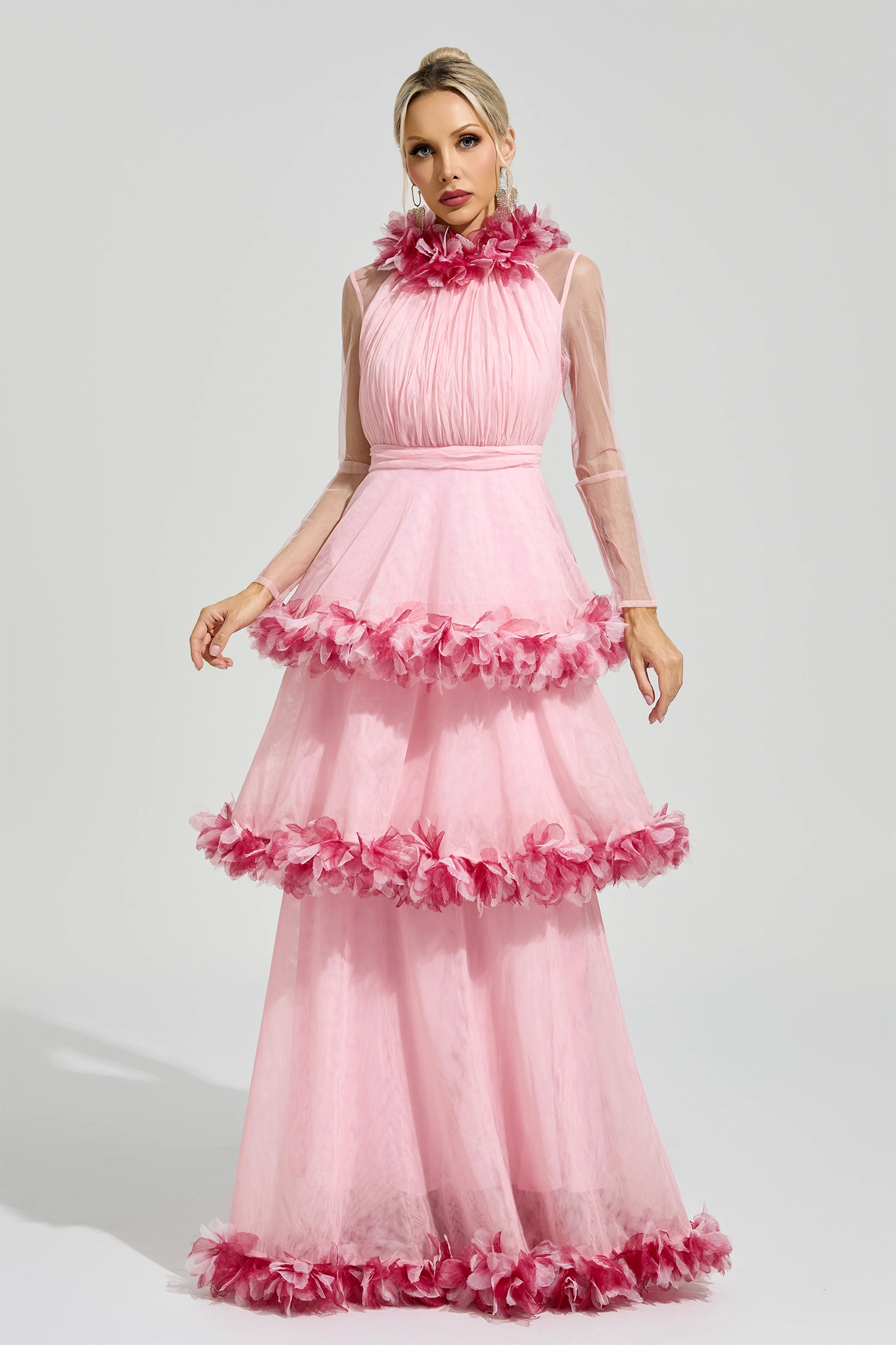 Lorenz Pink 3D Floral Maxi Dress