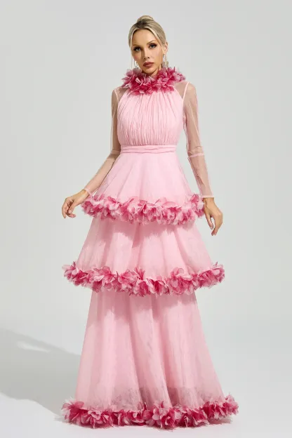 Lorenz Pink 3D Floral Maxi Dress