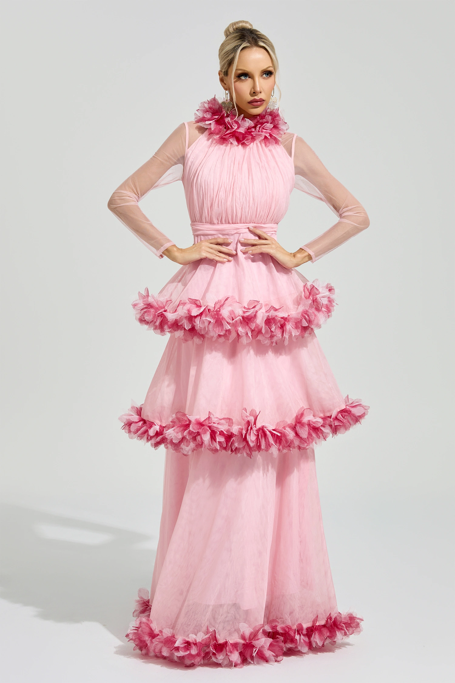 Lorenz Pink 3D Floral Maxi Dress