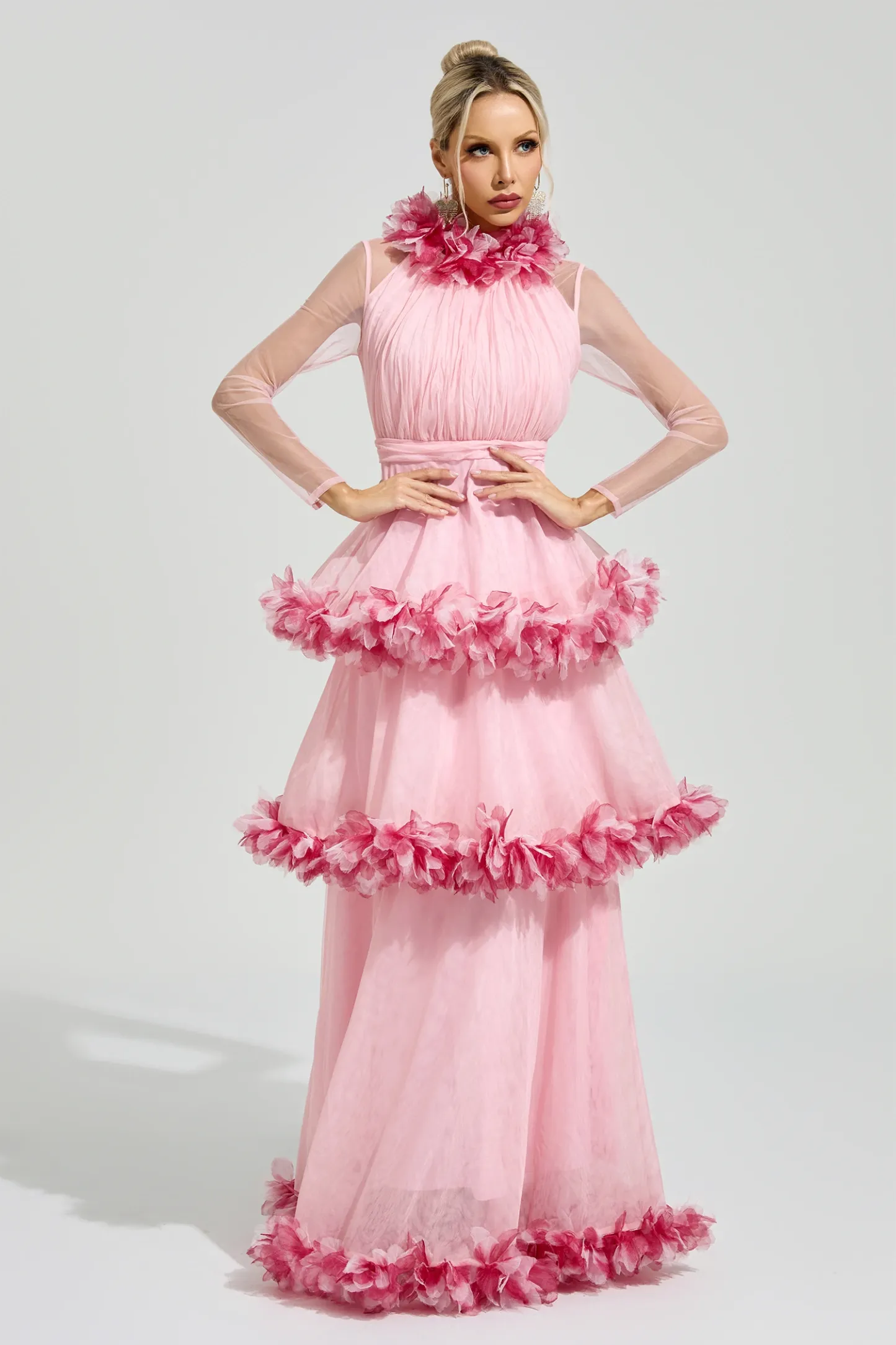Lorenz Pink 3D Floral Maxi Dress