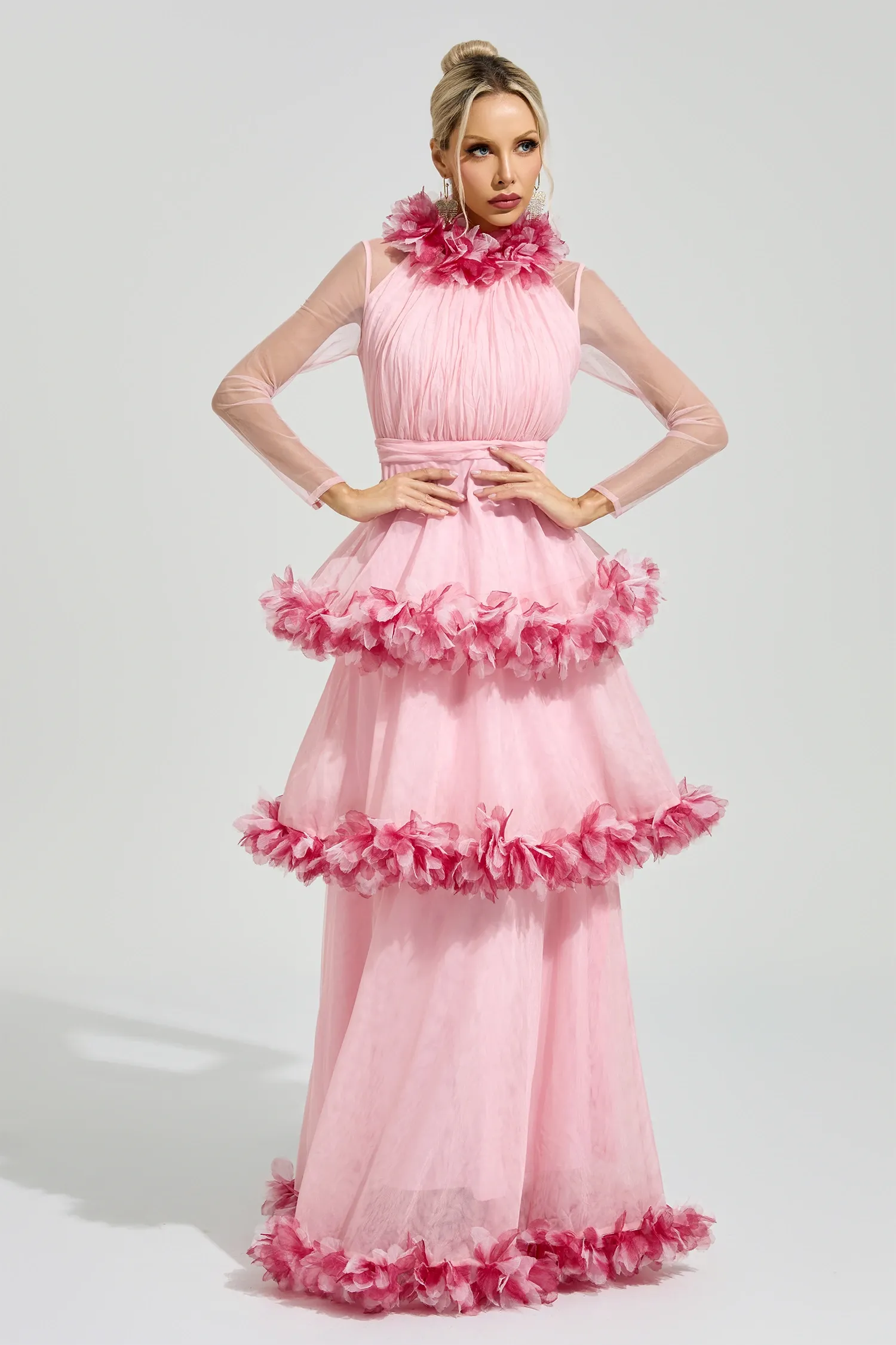 Lorenz Pink 3D Floral Maxi Dress