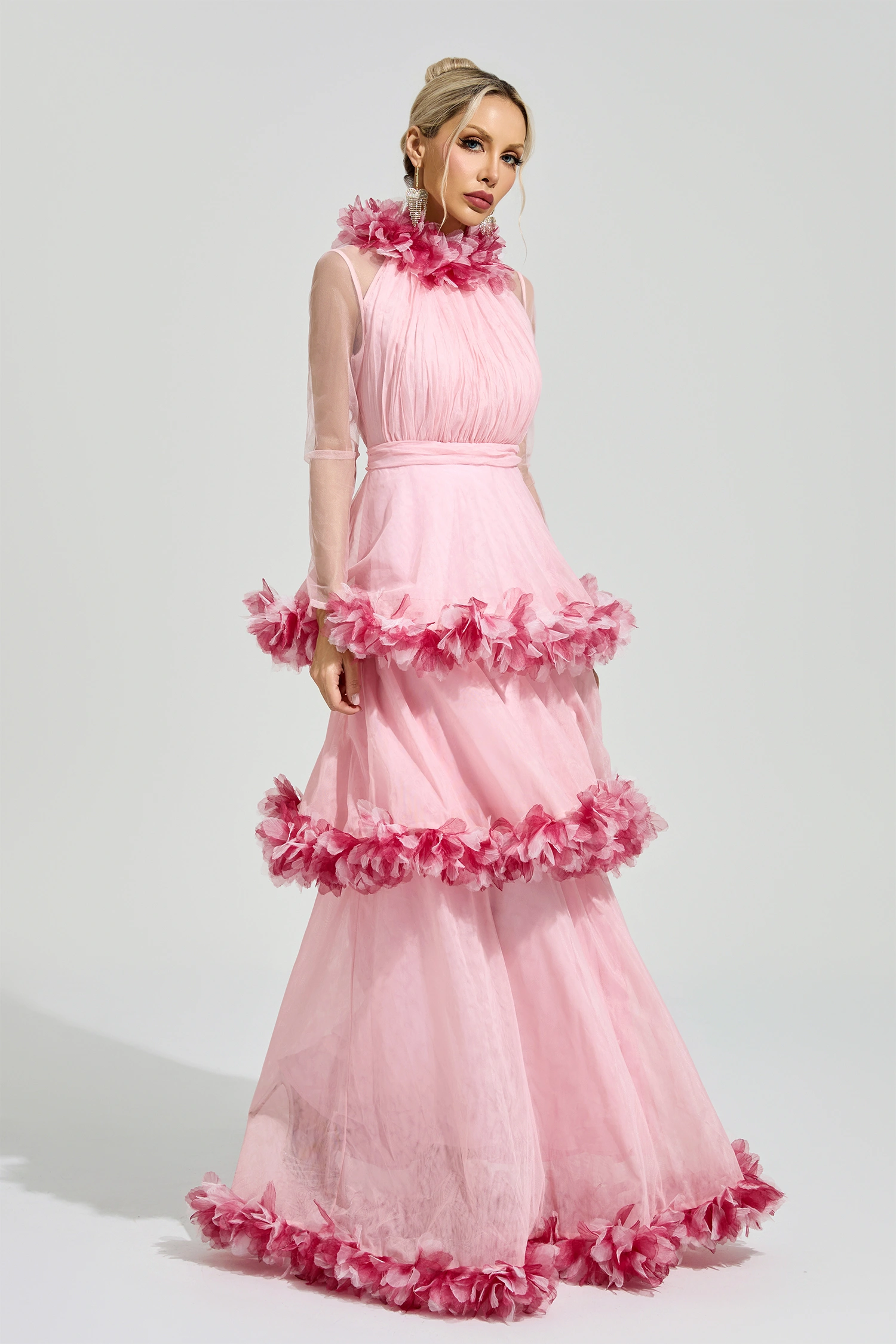 Lorenz Pink 3D Floral Maxi Dress