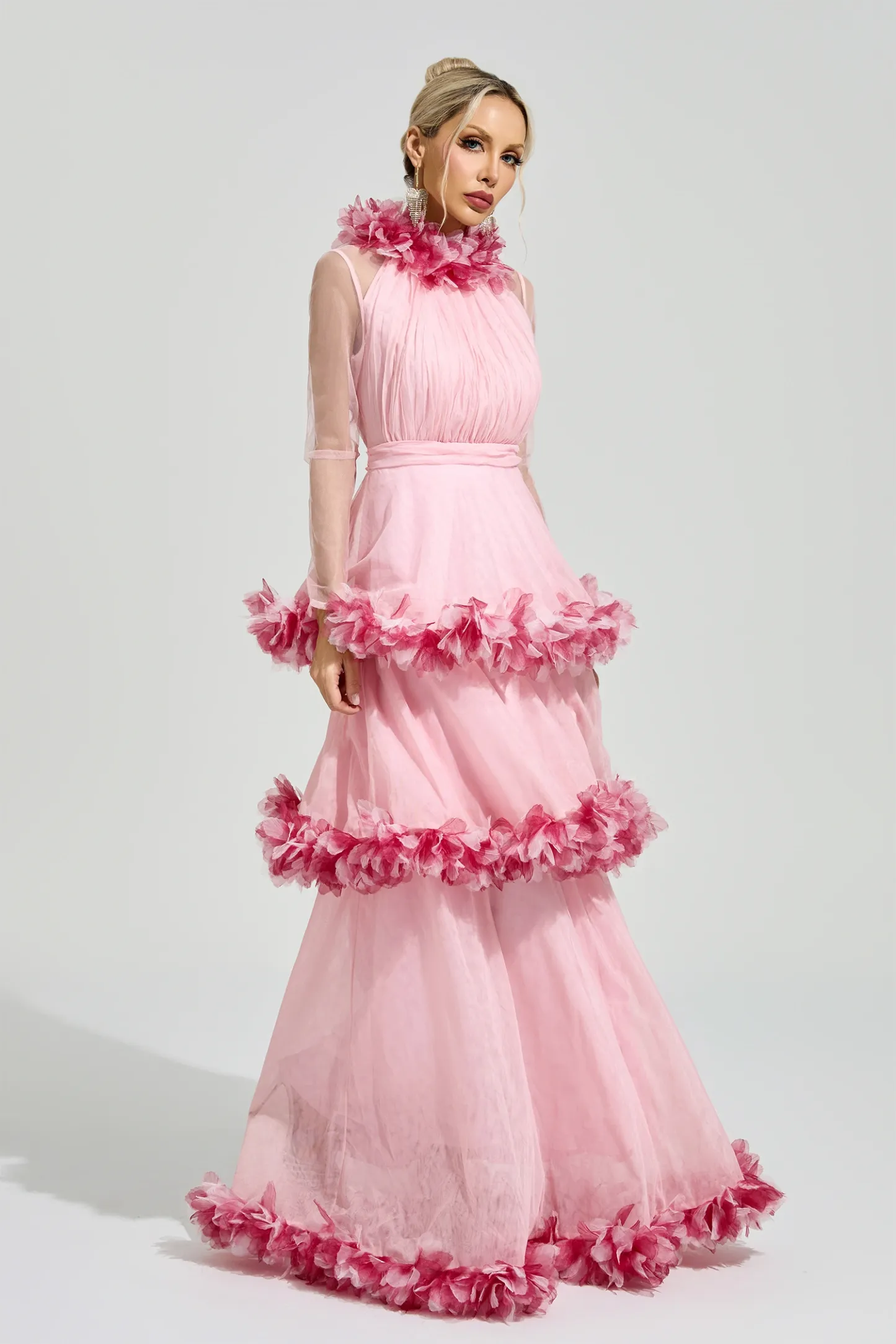 Lorenz Pink 3D Floral Maxi Dress