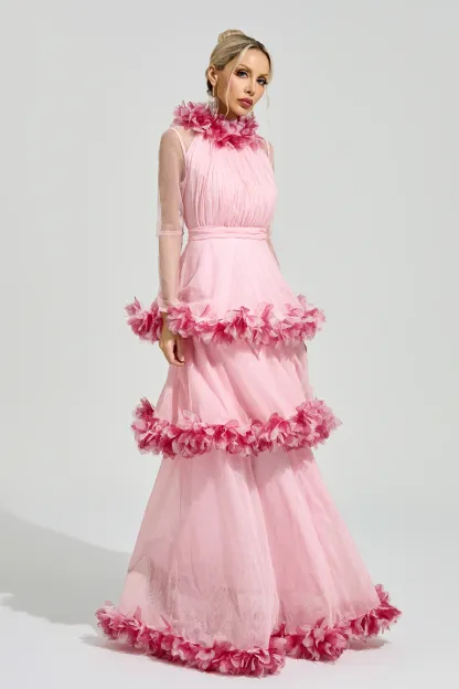 Lorenz Pink 3D Floral Maxi Dress