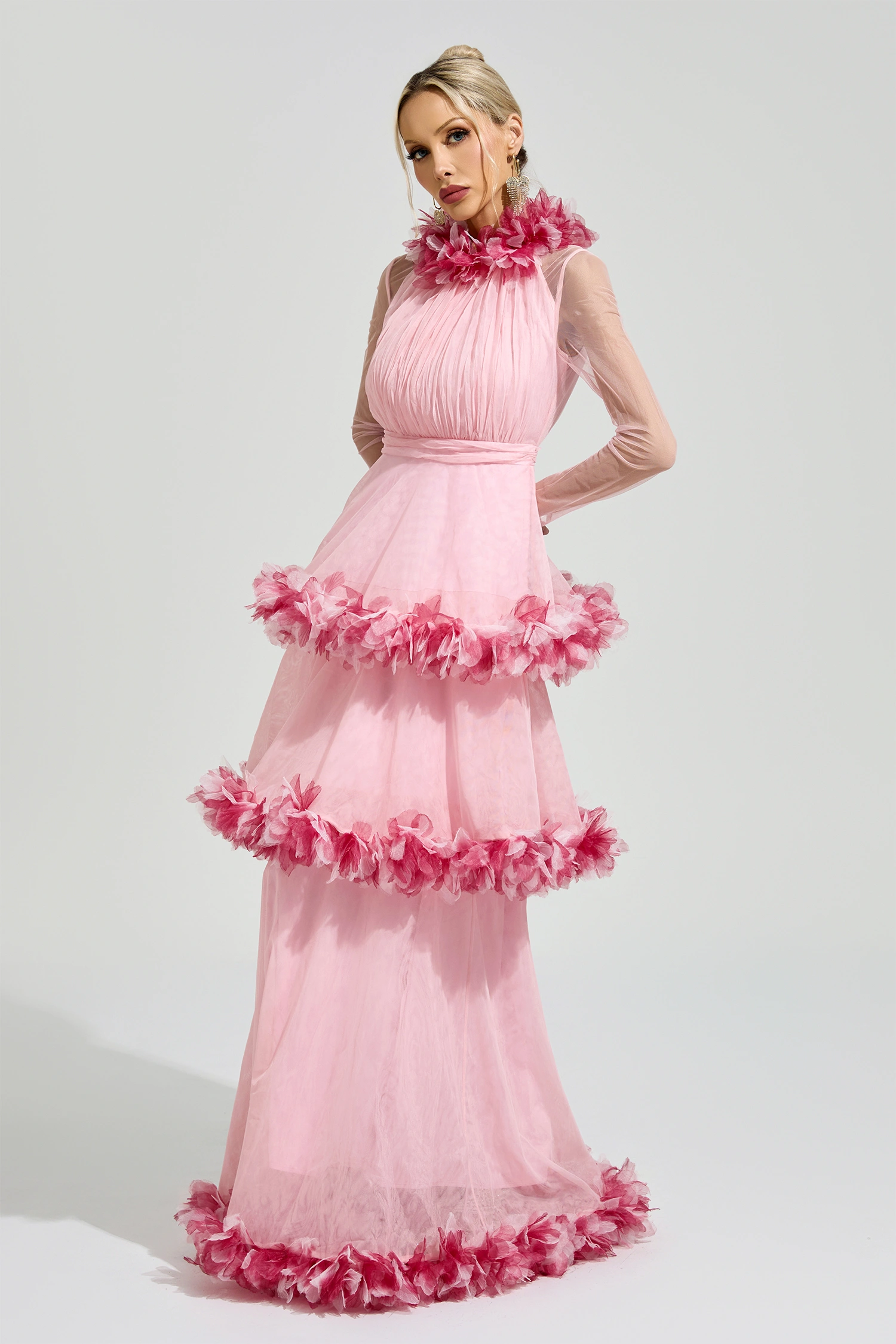 Lorenz Pink 3D Floral Maxi Dress