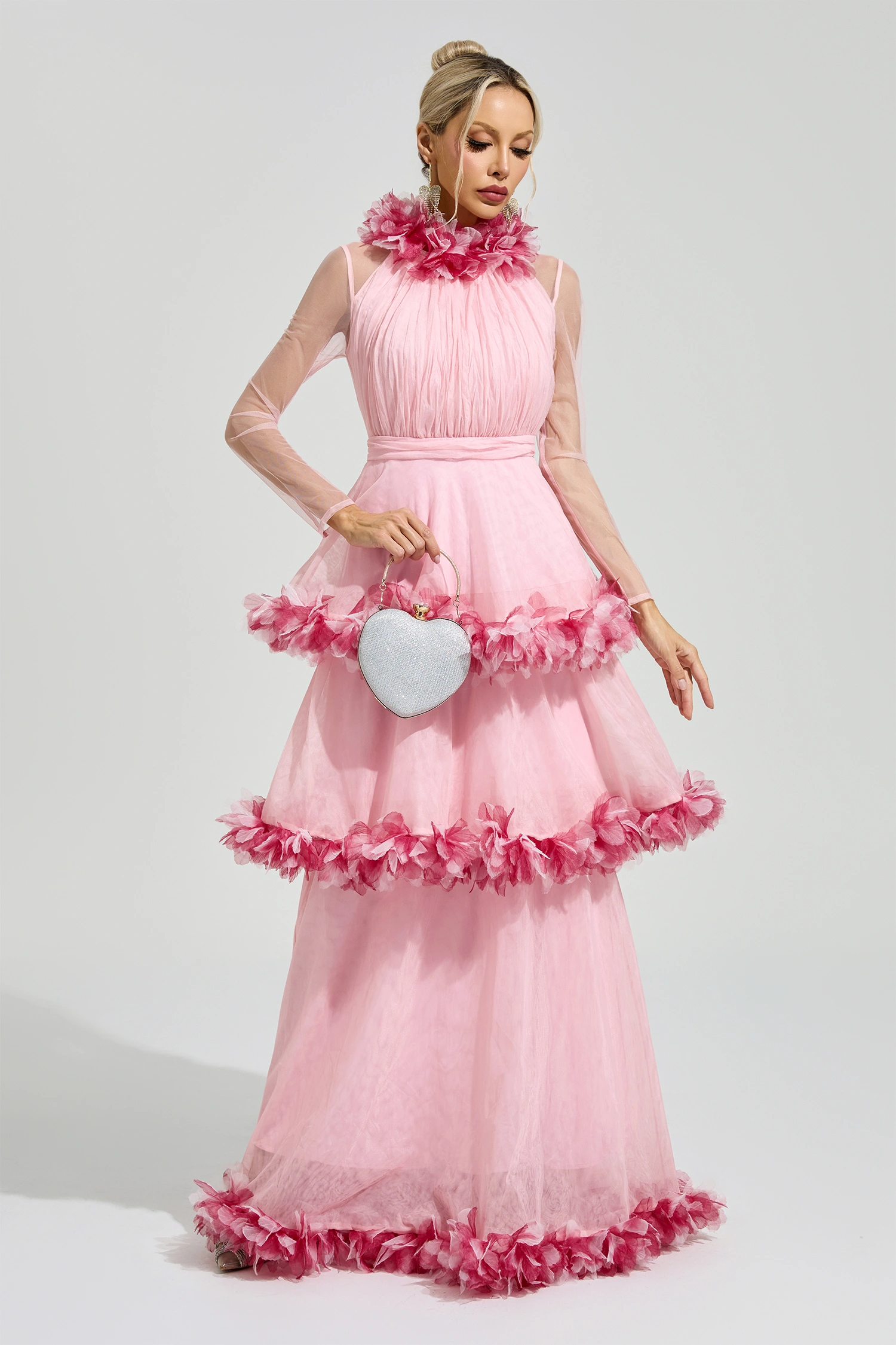 Lorenz Pink 3D Floral Maxi Dress