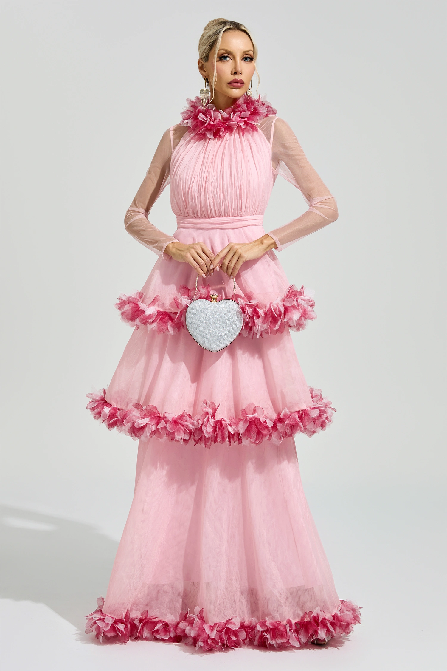 Lorenz Pink 3D Floral Maxi Dress