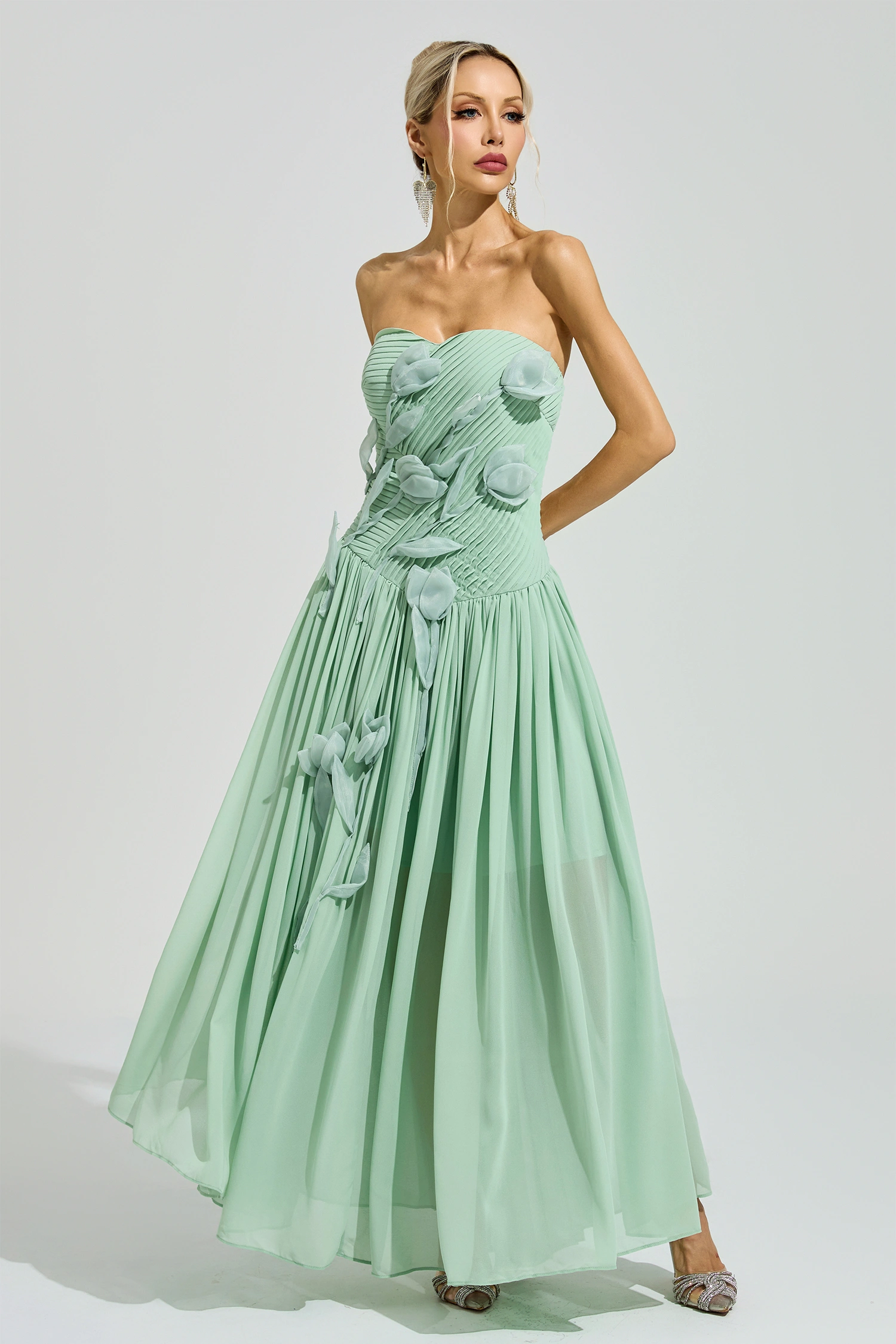 Mann Green Strapless Floral Maxi Dress