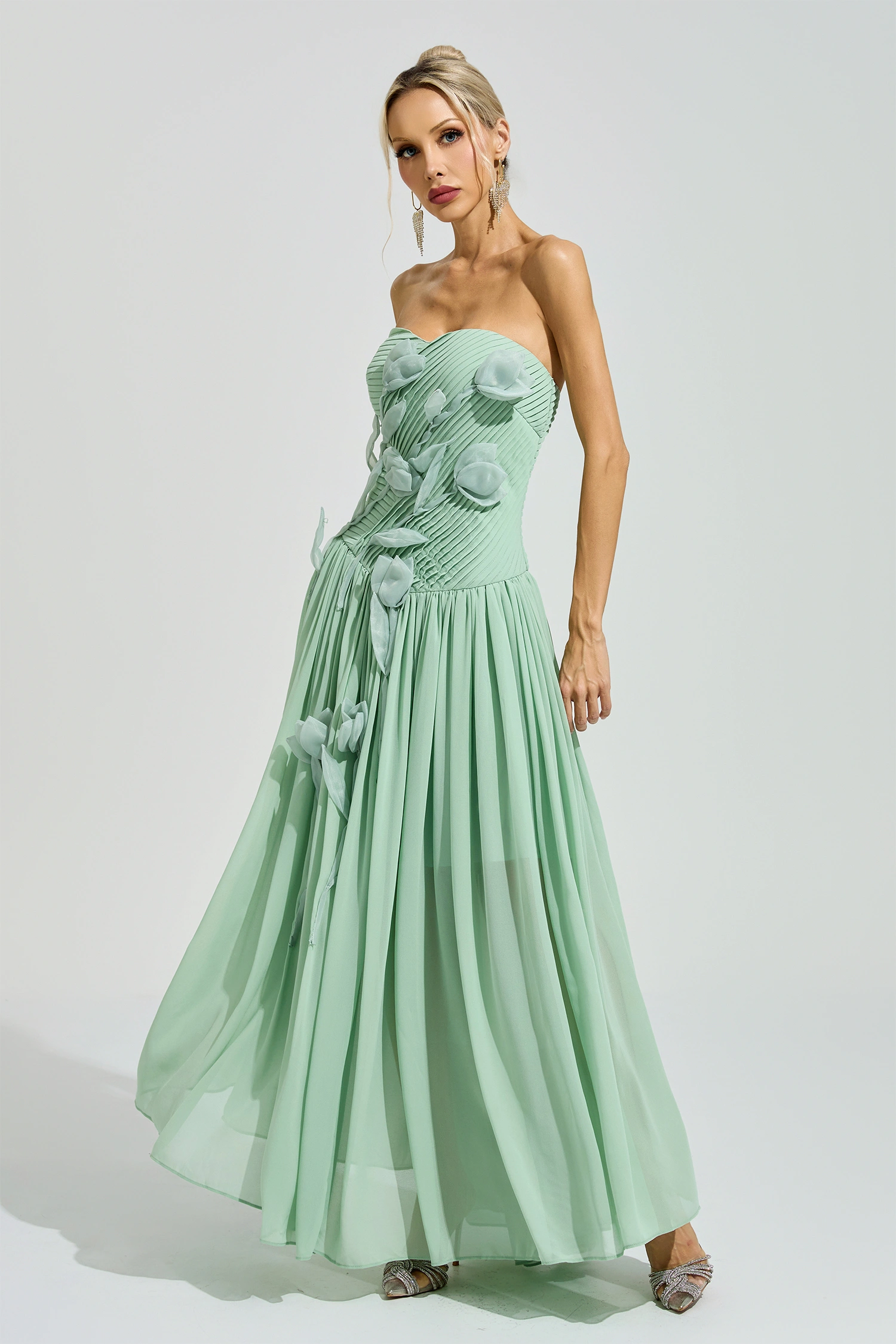 Mann Green Strapless Floral Maxi Dress