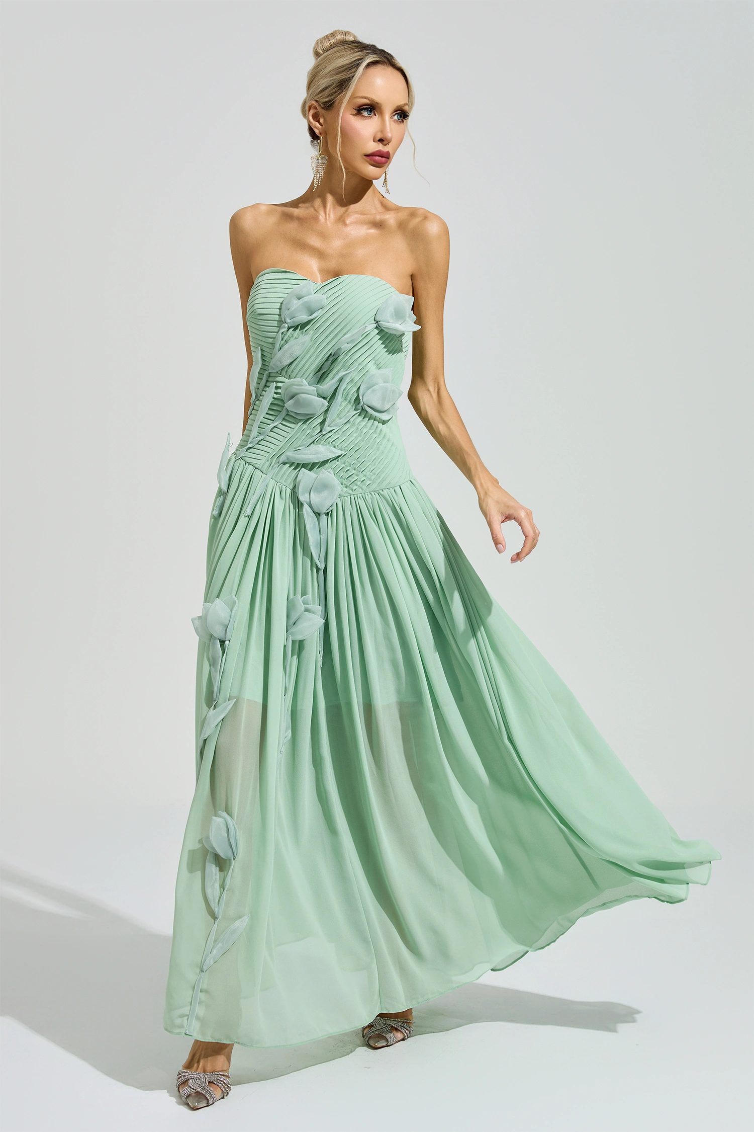 Mann Green Strapless Floral Maxi Dress