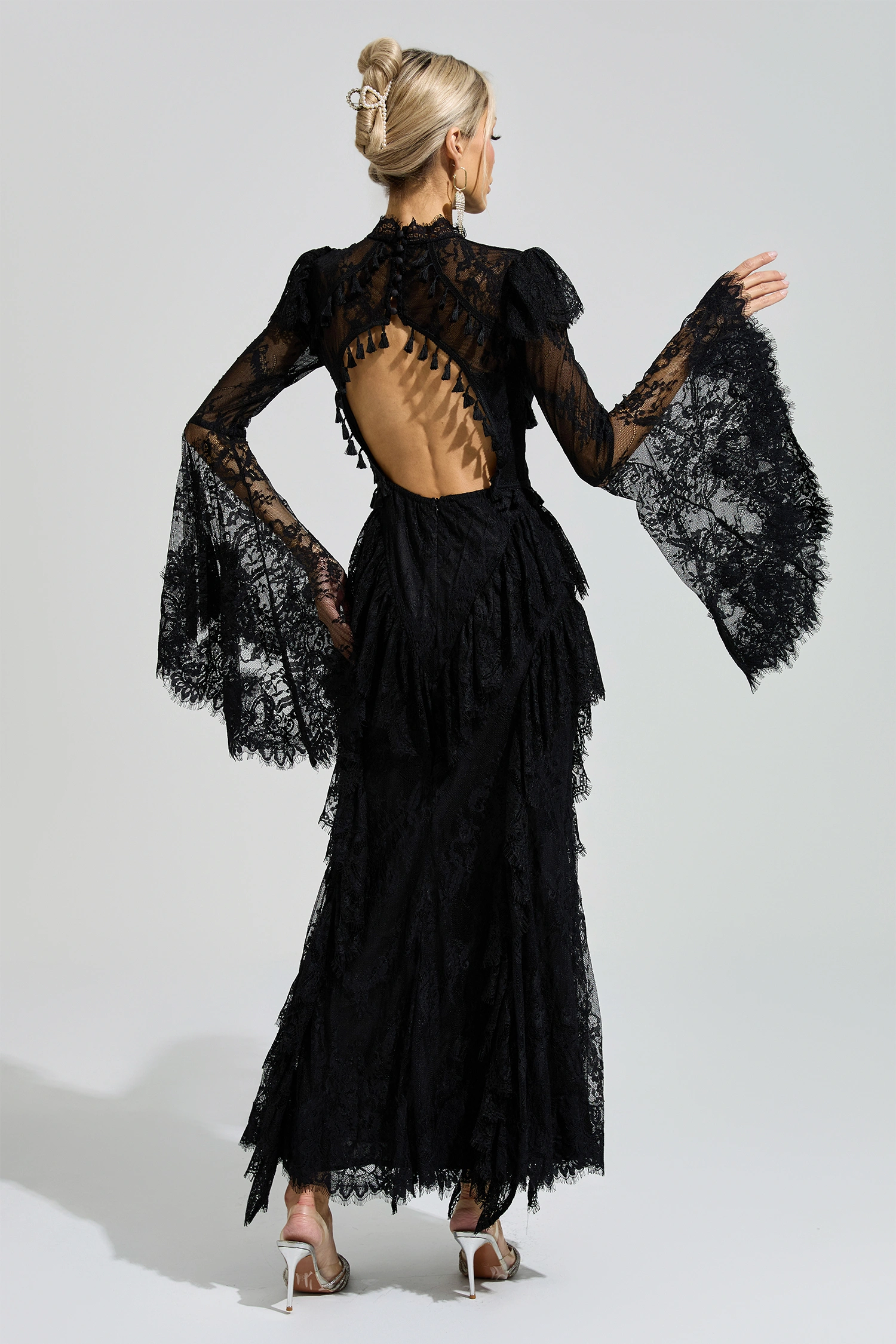 Gadamer Black Floral Lace Maxi Dress
