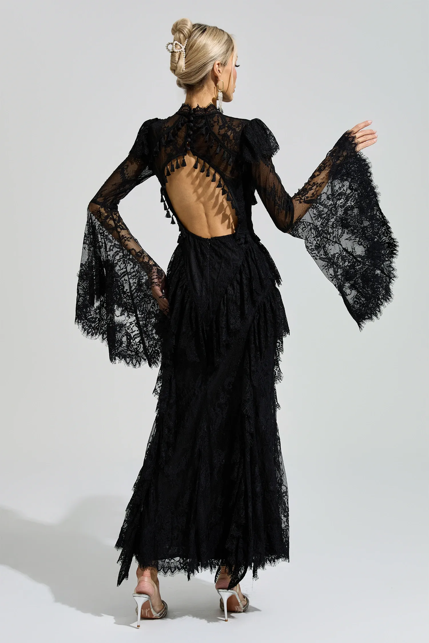 Gadamer Black Floral Lace Maxi Dress
