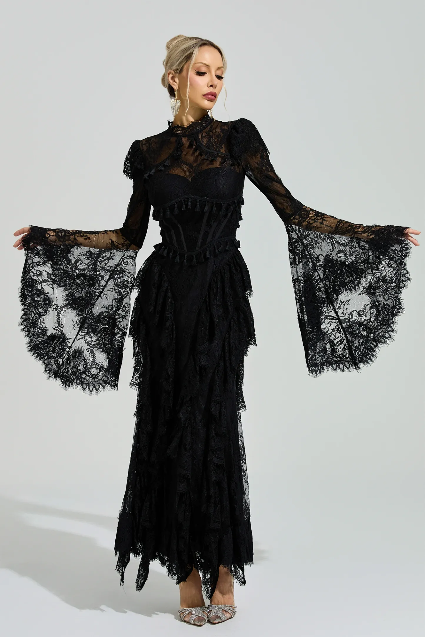 Gadamer Black Floral Lace Maxi Dress
