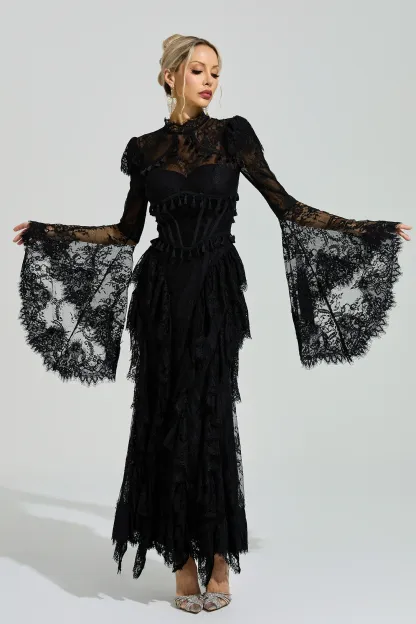 Gadamer Black Floral Lace Maxi Dress