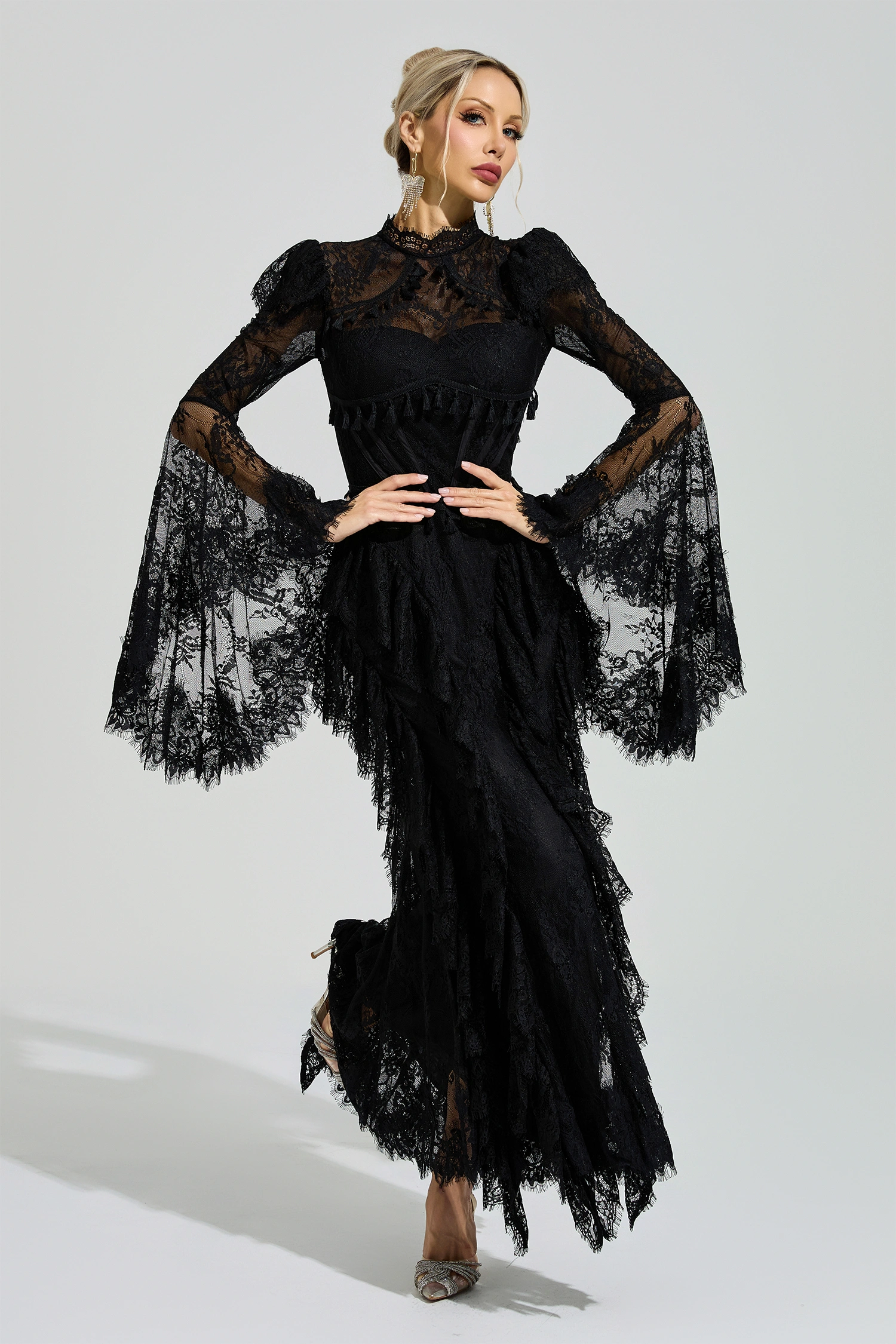 Gadamer Black Floral Lace Maxi Dress