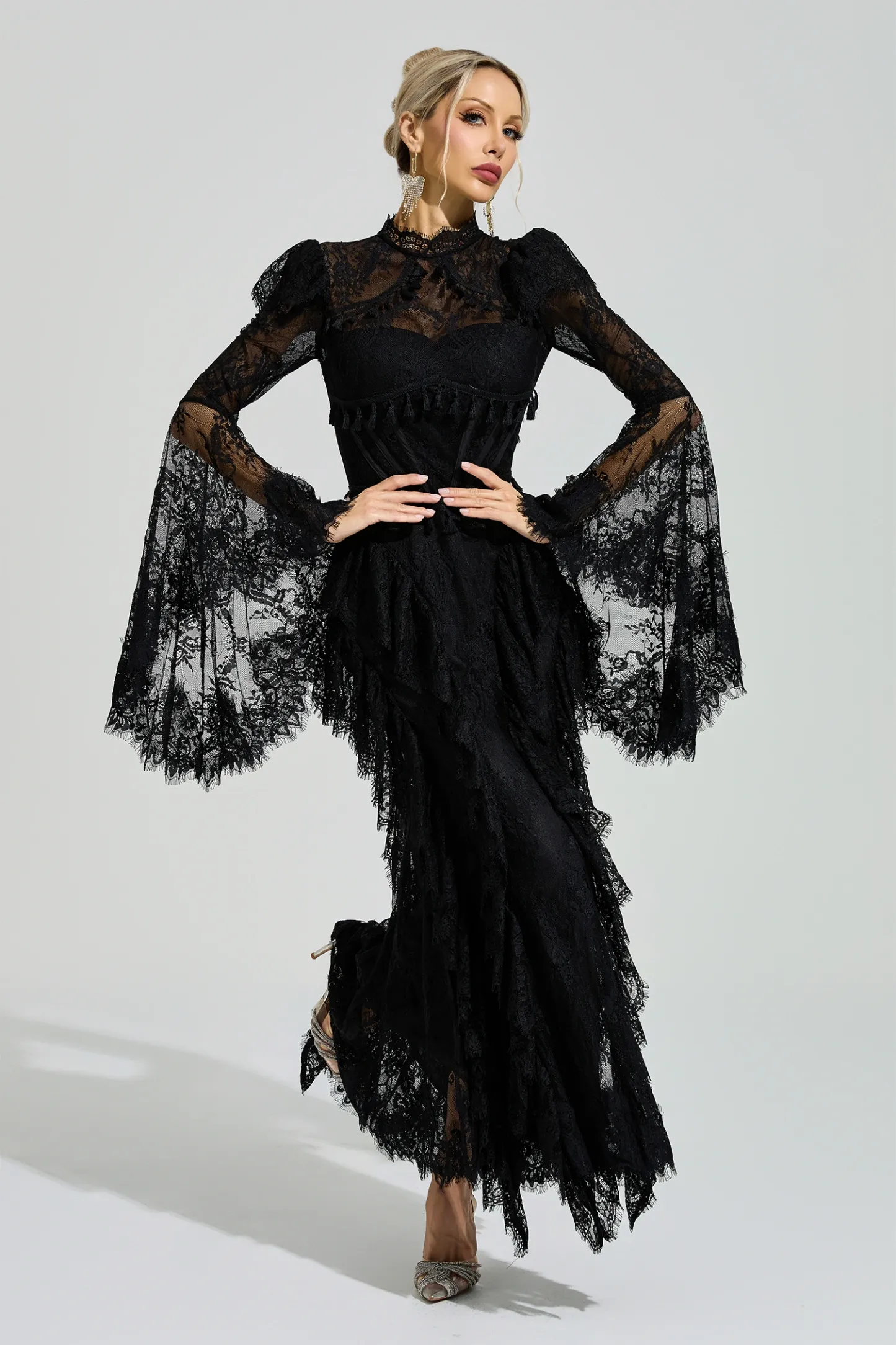 Gadamer Black Floral Lace Maxi Dress