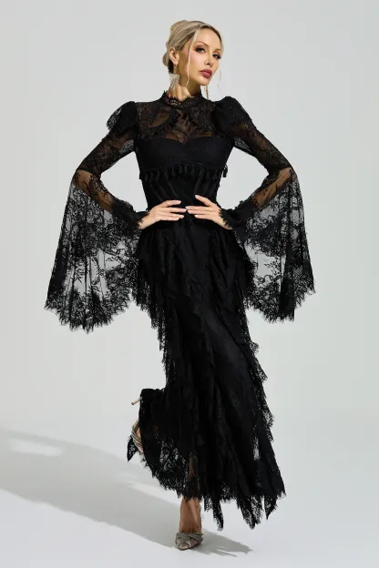 Gadamer Black Floral Lace Maxi Dress