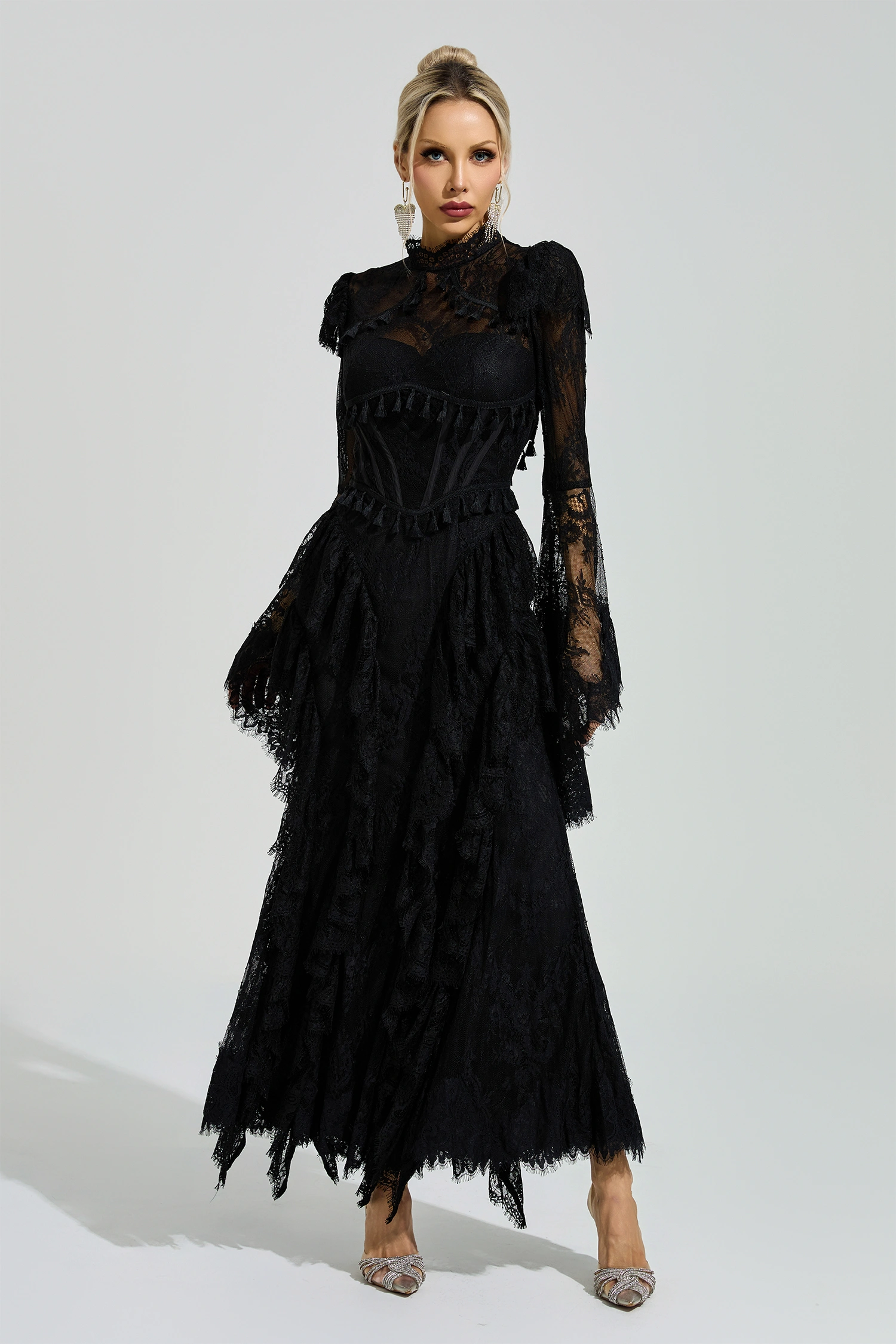 Gadamer Black Floral Lace Maxi Dress
