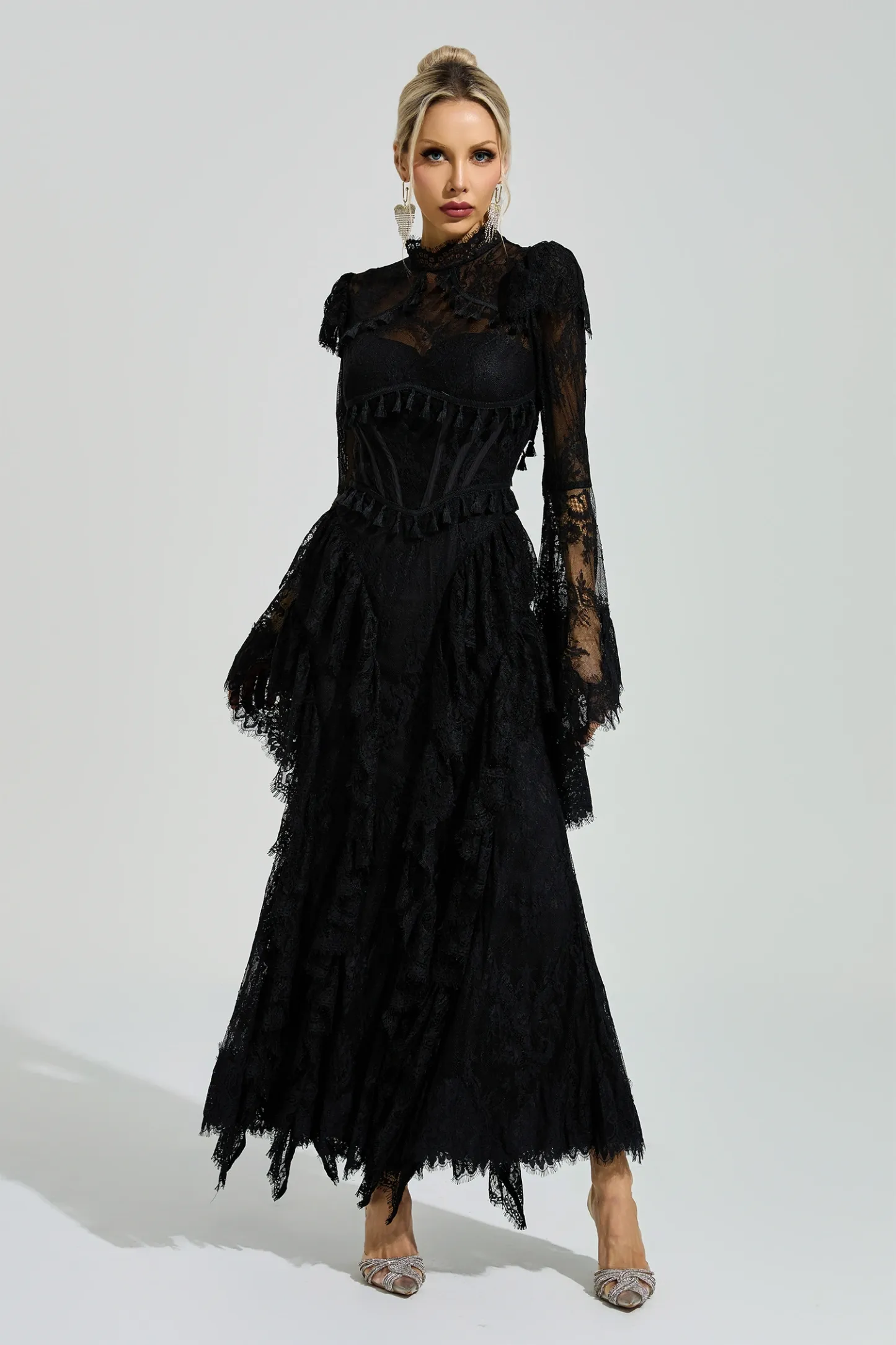Gadamer Black Floral Lace Maxi Dress