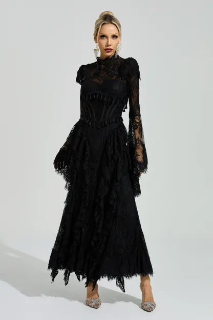 Gadamer Black Floral Lace Maxi Dress