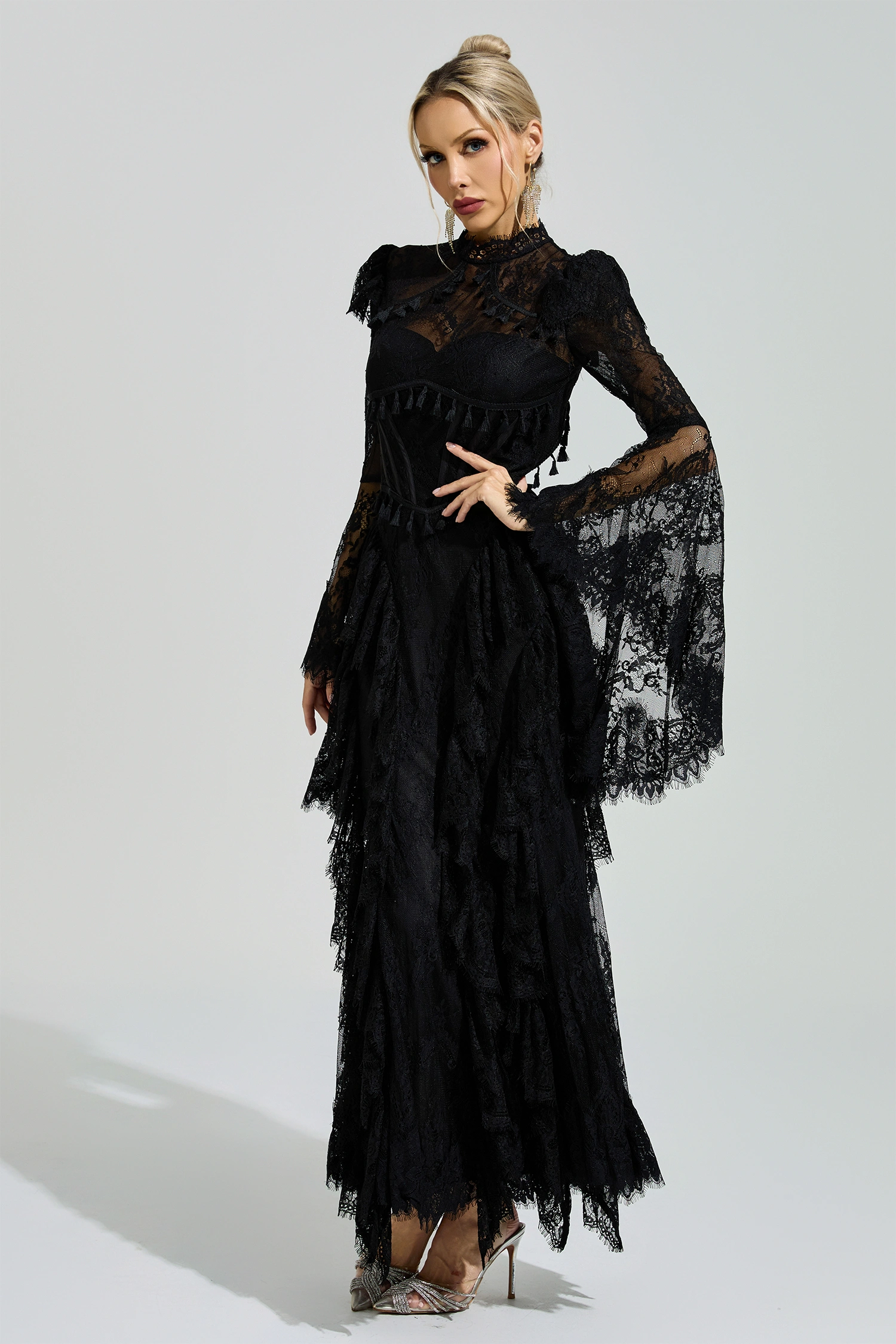 Gadamer Black Floral Lace Maxi Dress