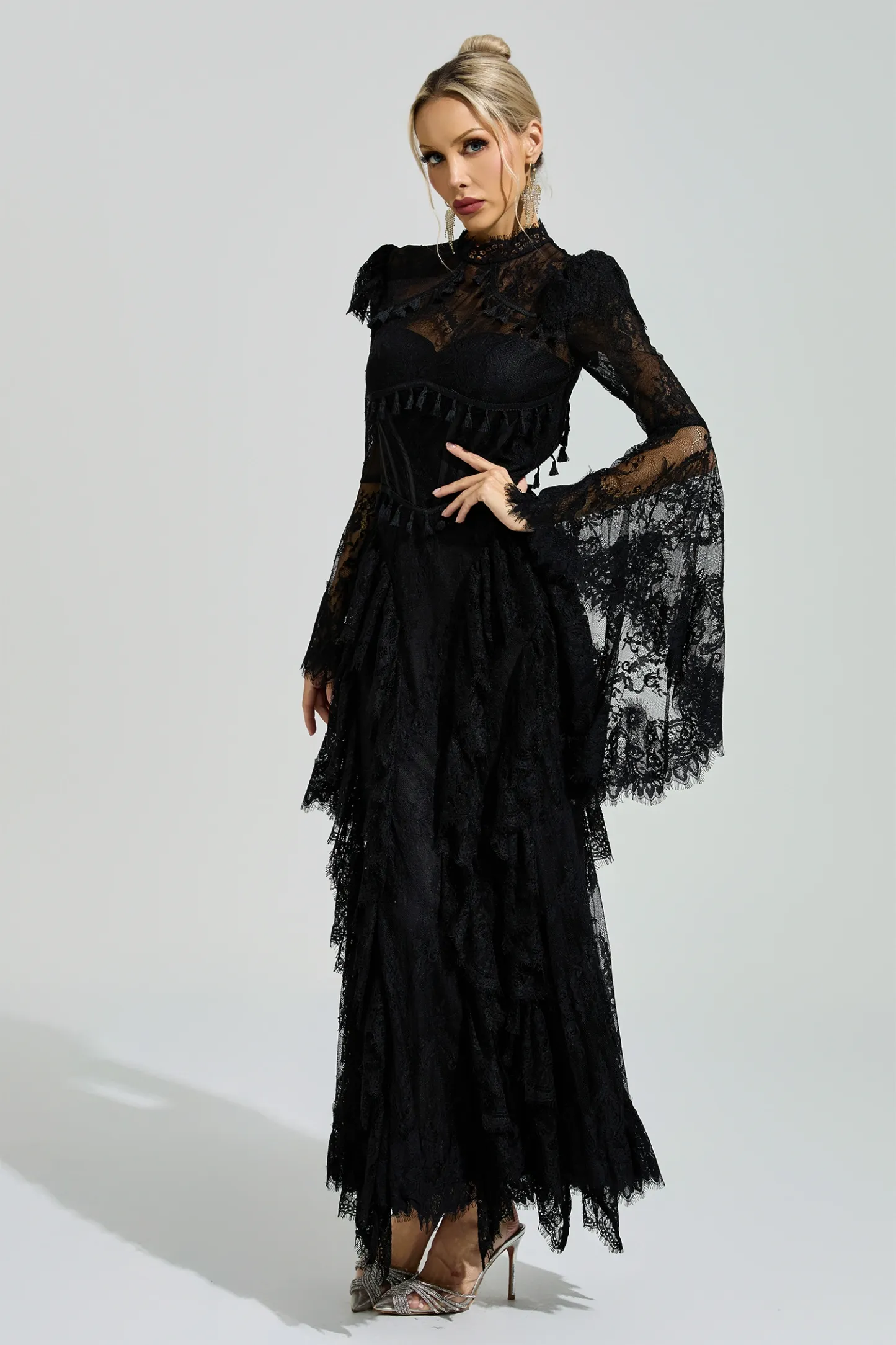 Gadamer Black Floral Lace Maxi Dress