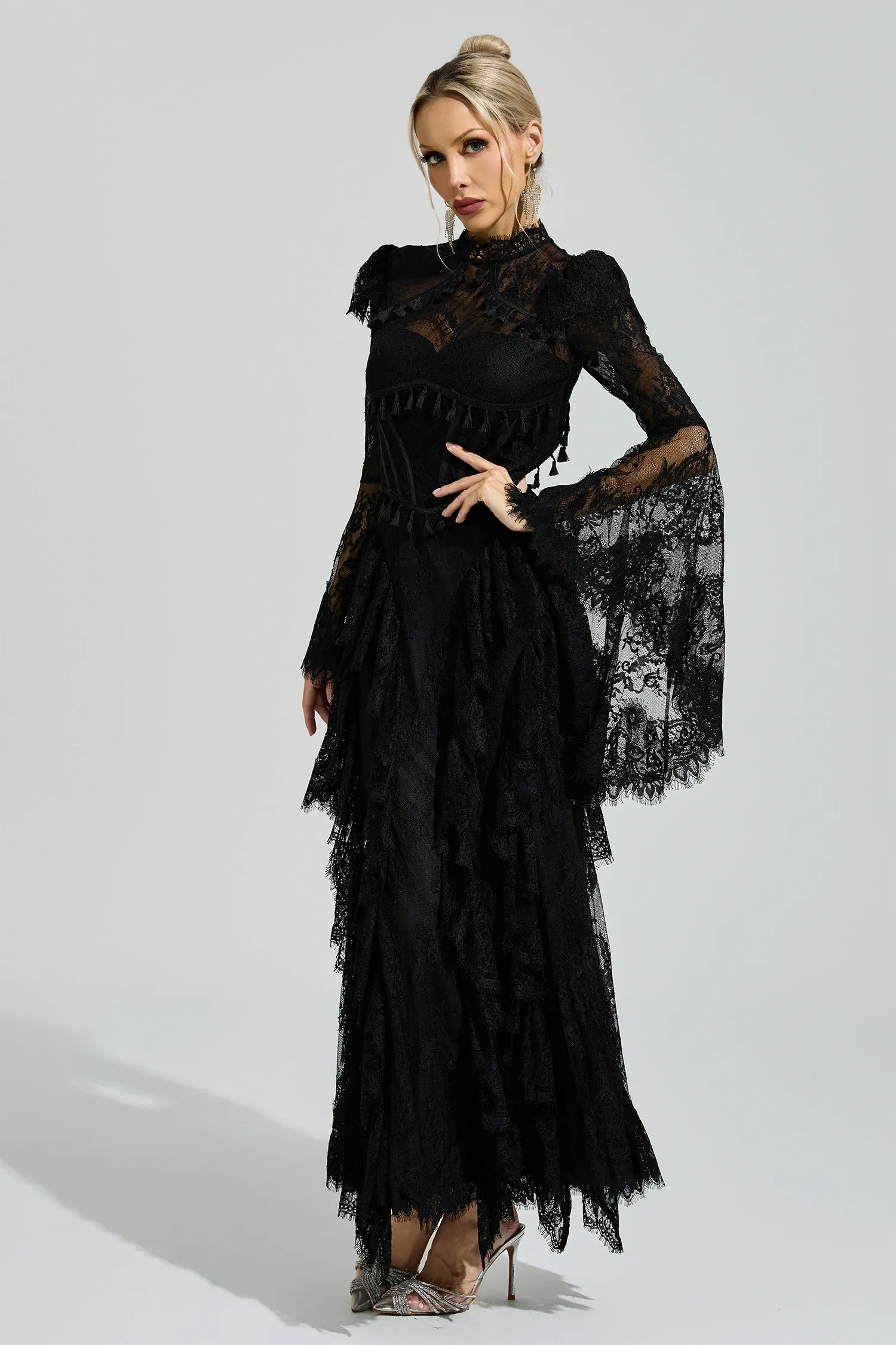 Gadamer Black Floral Lace Maxi Dress