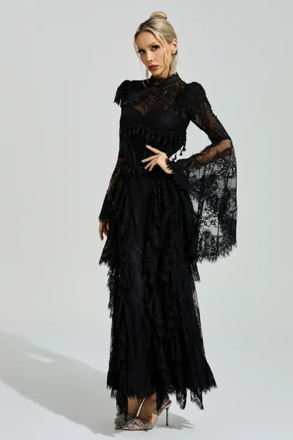 Gadamer Black Floral Lace Maxi Dress