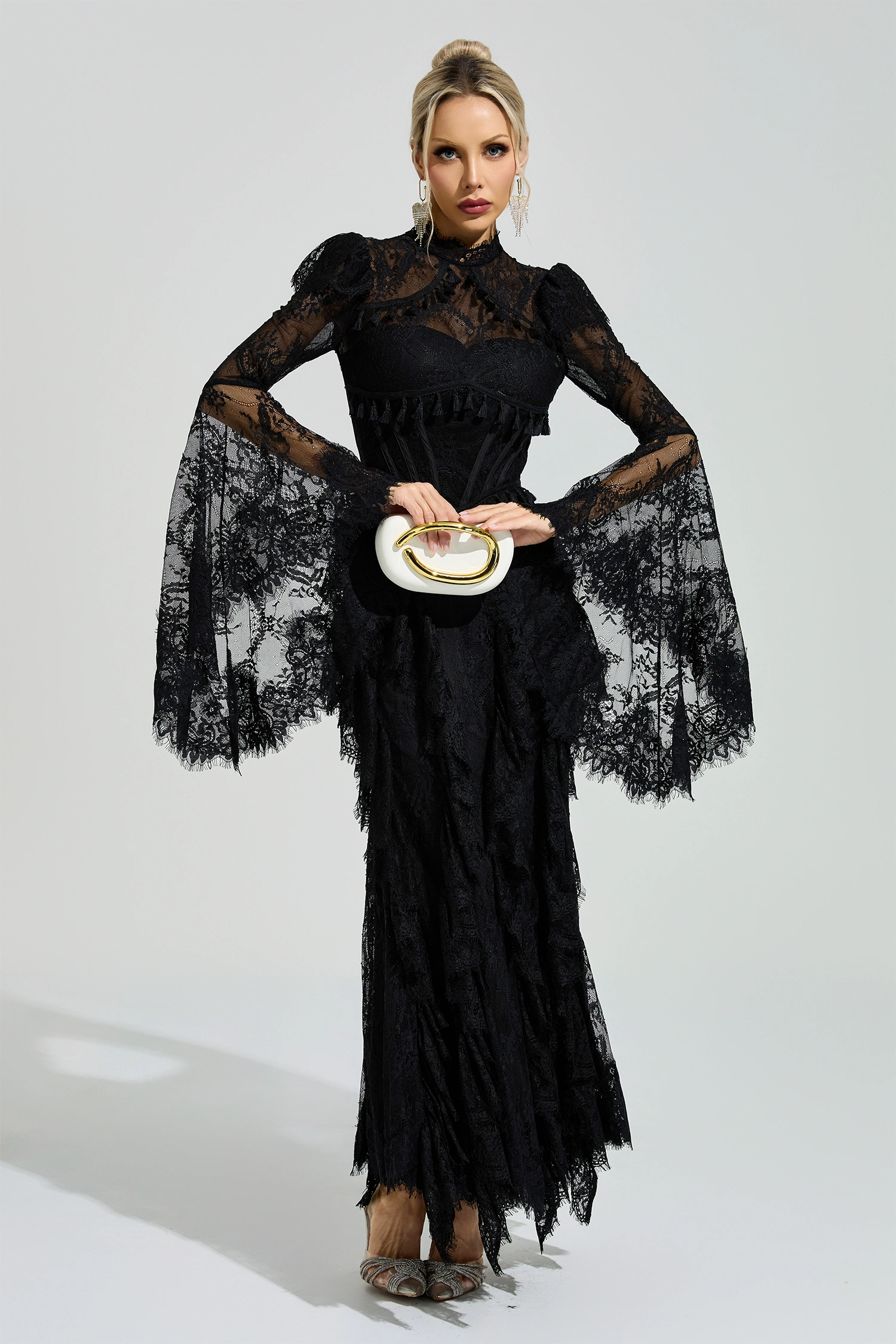 Gadamer Black Floral Lace Maxi Dress
