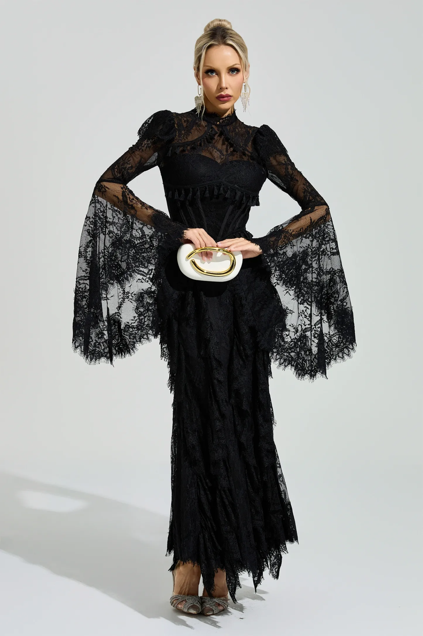 Gadamer Black Floral Lace Maxi Dress