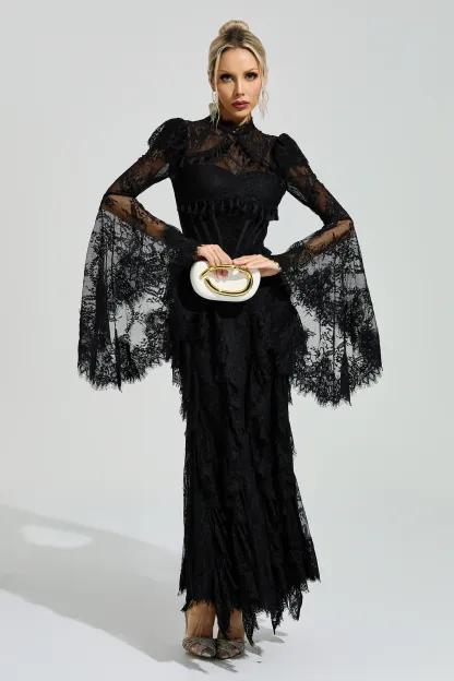 Gadamer Black Floral Lace Maxi Dress